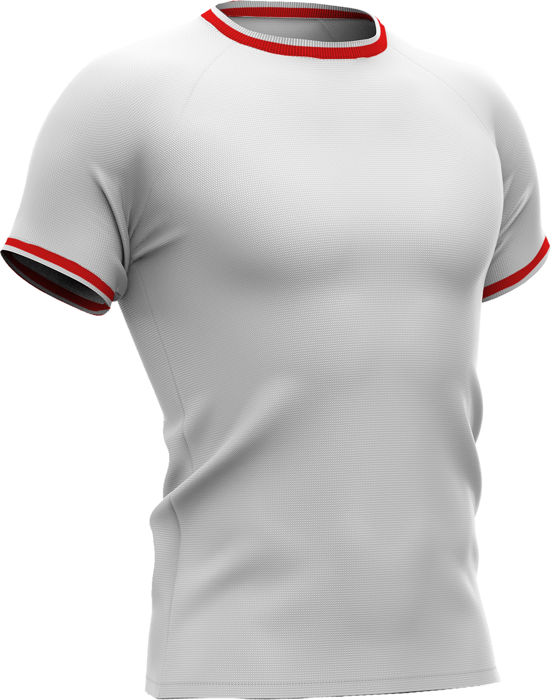 Wit voetbalshirt met rode accenten op de kraag en mouwen, geïnspireerd op Red Bull Salzburg