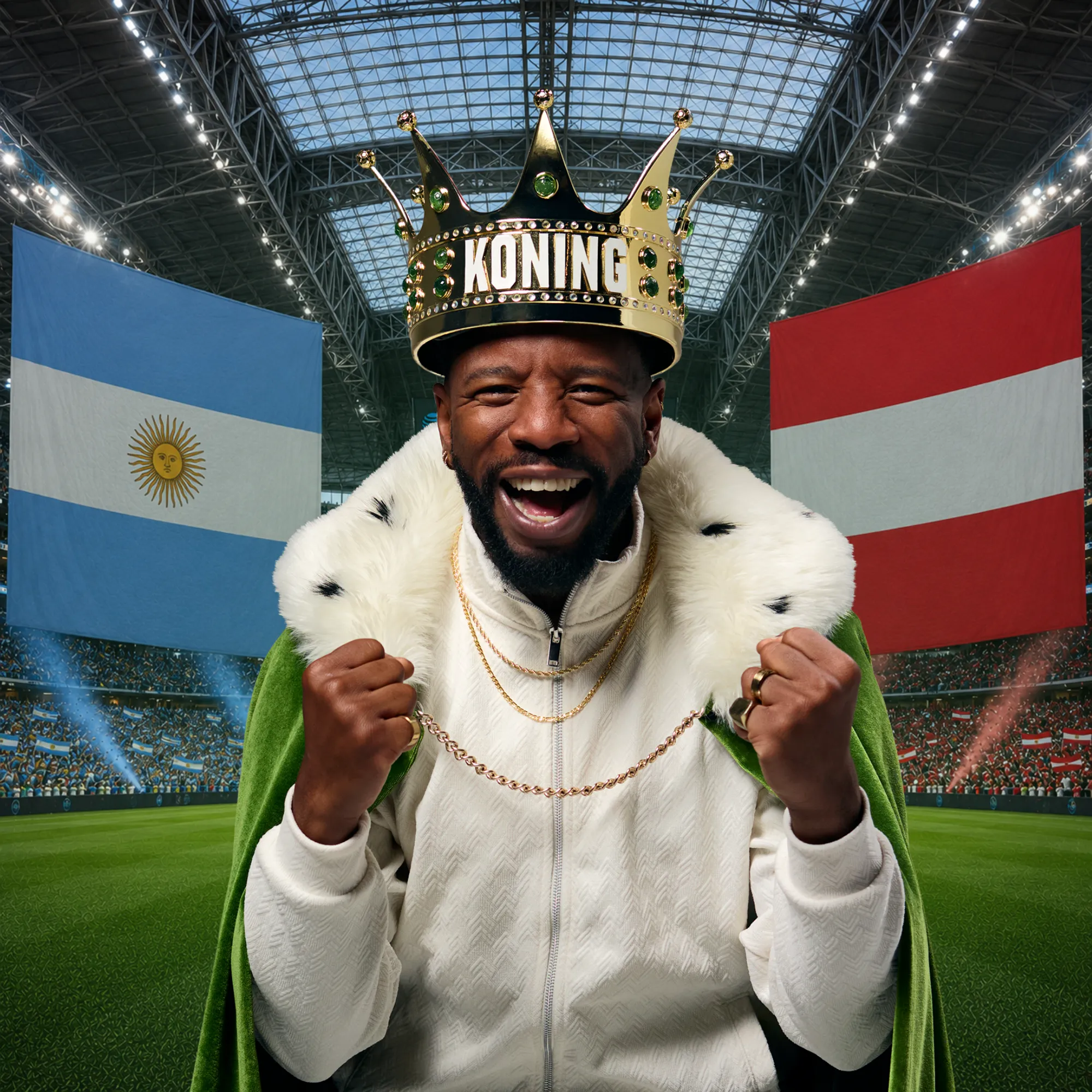 Persoon met kroon en koningscape tussen Argentinië en Oostenrijk vlaggen in stadion