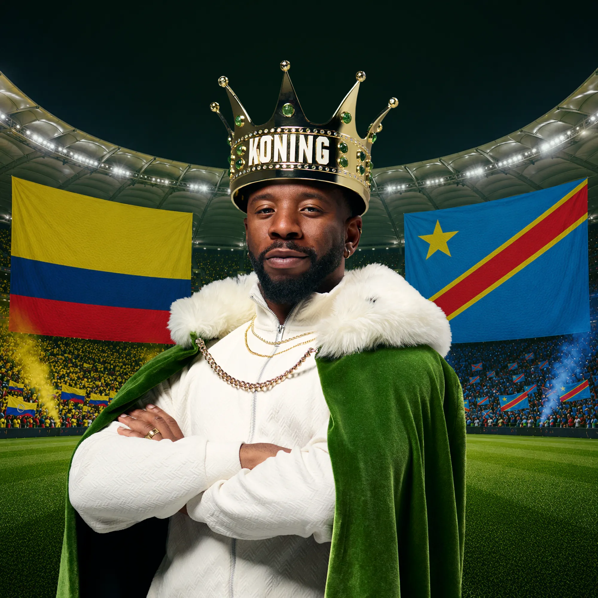 Persoon met kroon Koning en groen-witte mantel op een voetbalveld met Colombiaanse en Congolese vlaggen