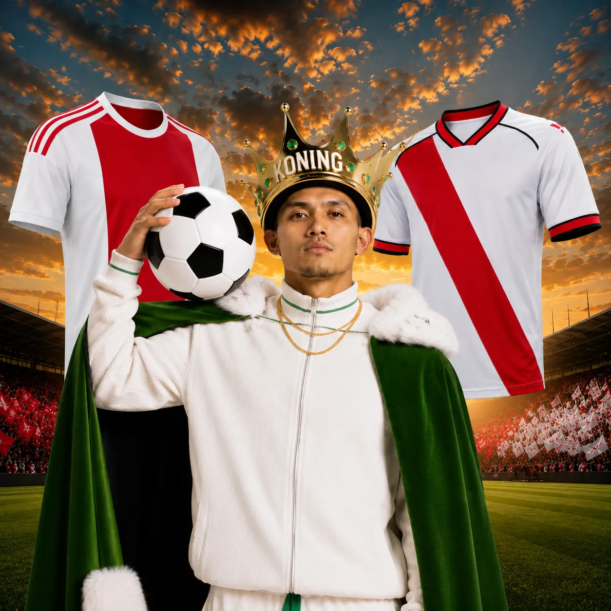 Man met kroon en voetbal tussen voetbalshirts in stadion bij zonsondergang