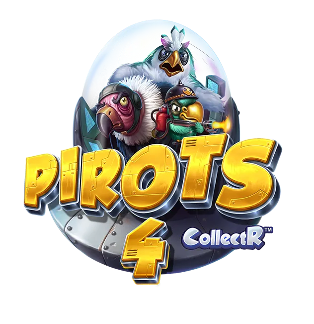 Logo van het spel Pirates 4 CollectR met drie kleurrijke vogels in een doorzichtige bol