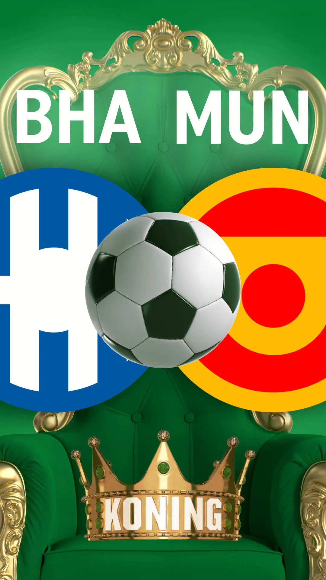 Voetbalwedstrijd tussen twee teams met een bal en kroon op groene en gouden stoel