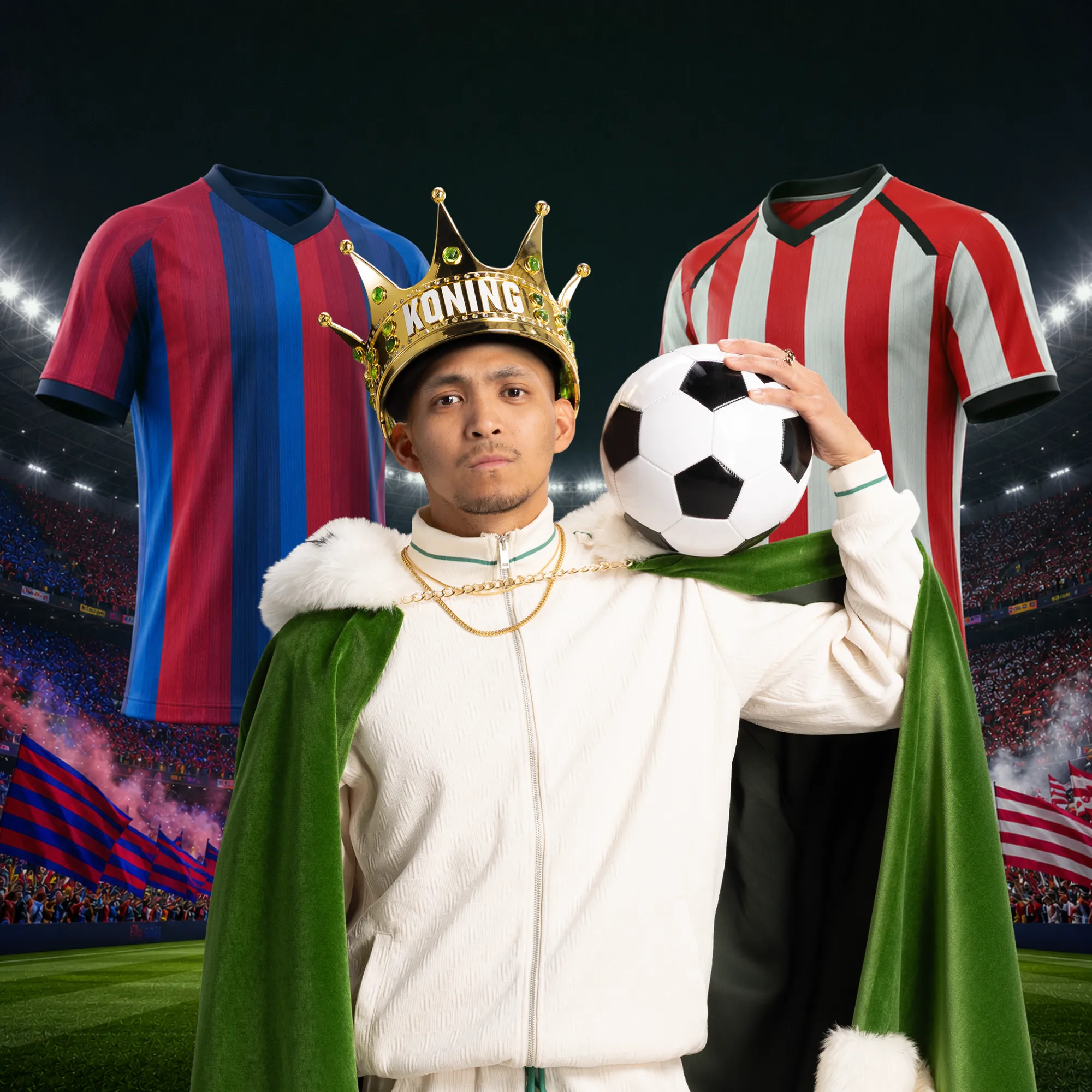 Voetbalfan met koningkroon en voetbal tussen twee shirts in een stadion