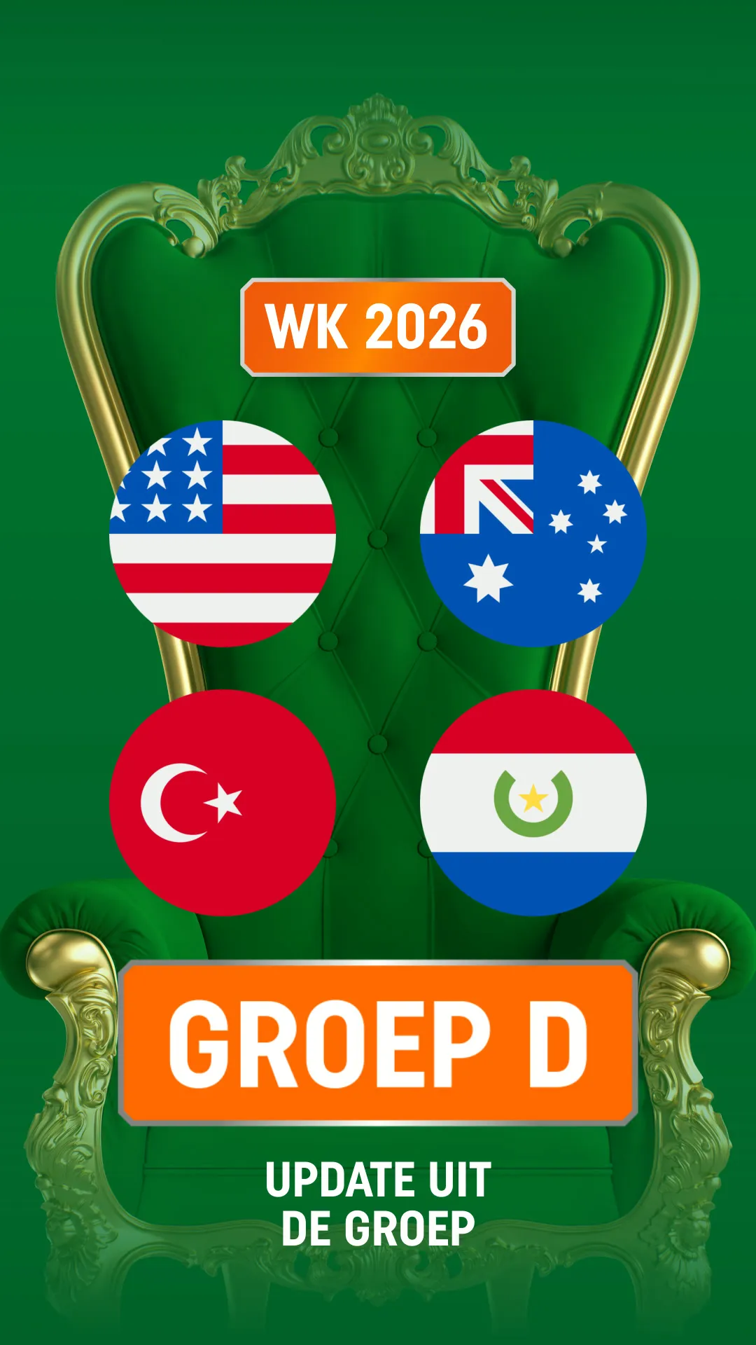 Groep D WK 2026 met vlaggen van Verenigde Staten, Australië, Turkije en Curaçao