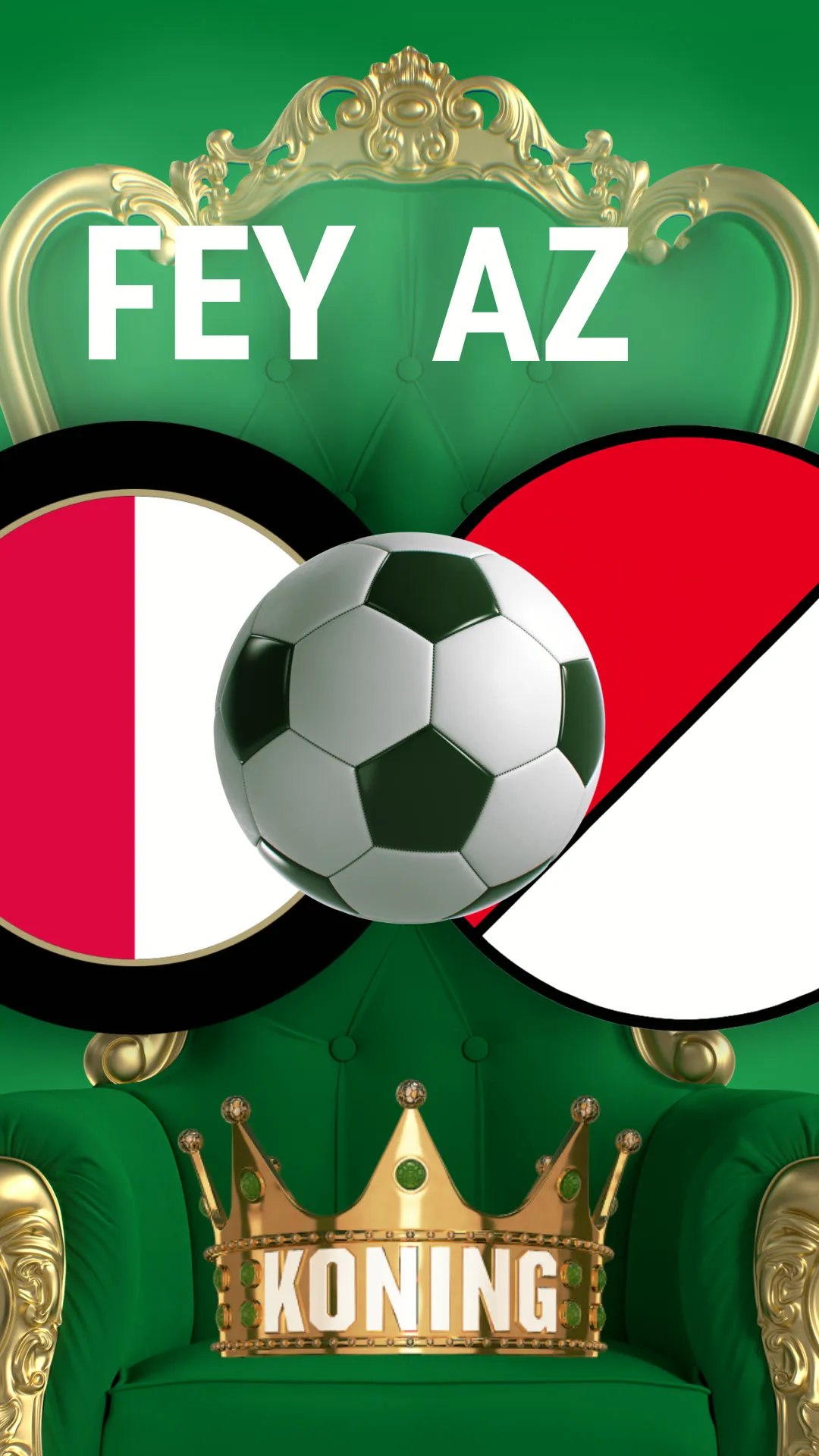 Voetbalwedstrijd Feyenoord tegen AZ met gouden kroon en voetbal op groene troon