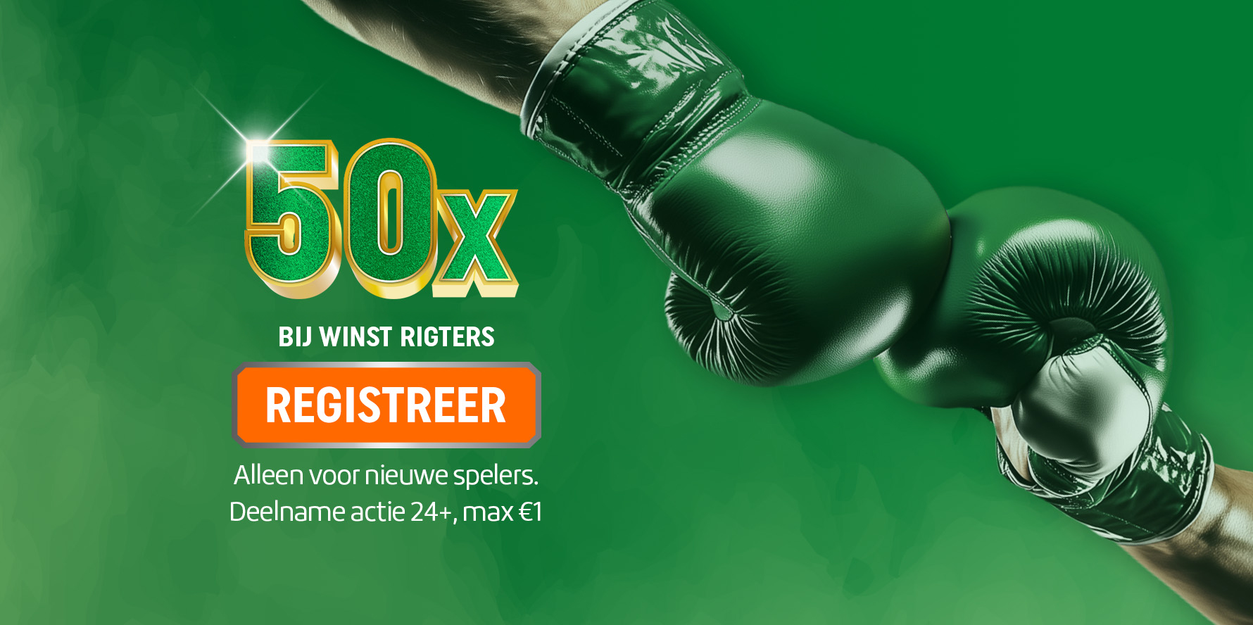 Boxhandschoenen met tekst 50x bij winst rigters en registratieknop voor nieuwe spelers