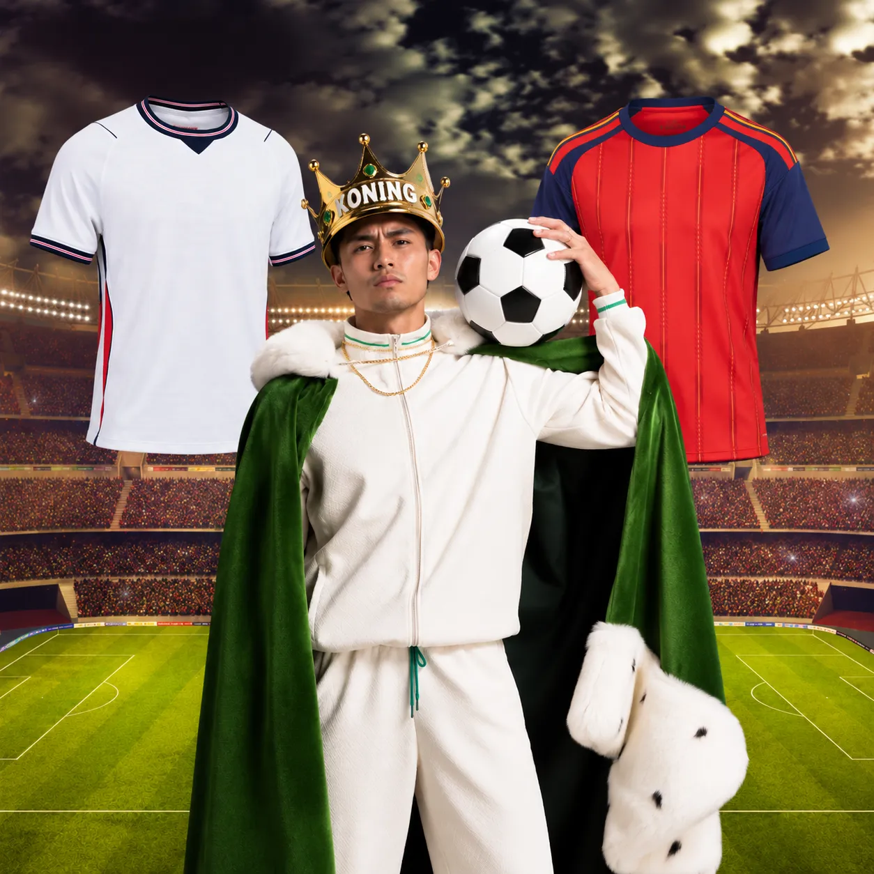 Man met koningsmantel en bal tussen twee voetbalshirts in stadion