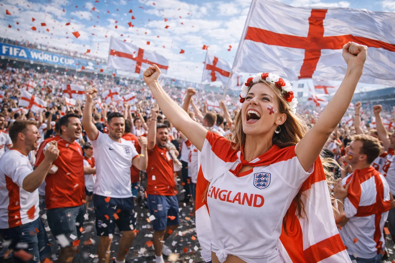 Engelse voetbal supporters juichen met vlaggen tijdens FIFA World Cup