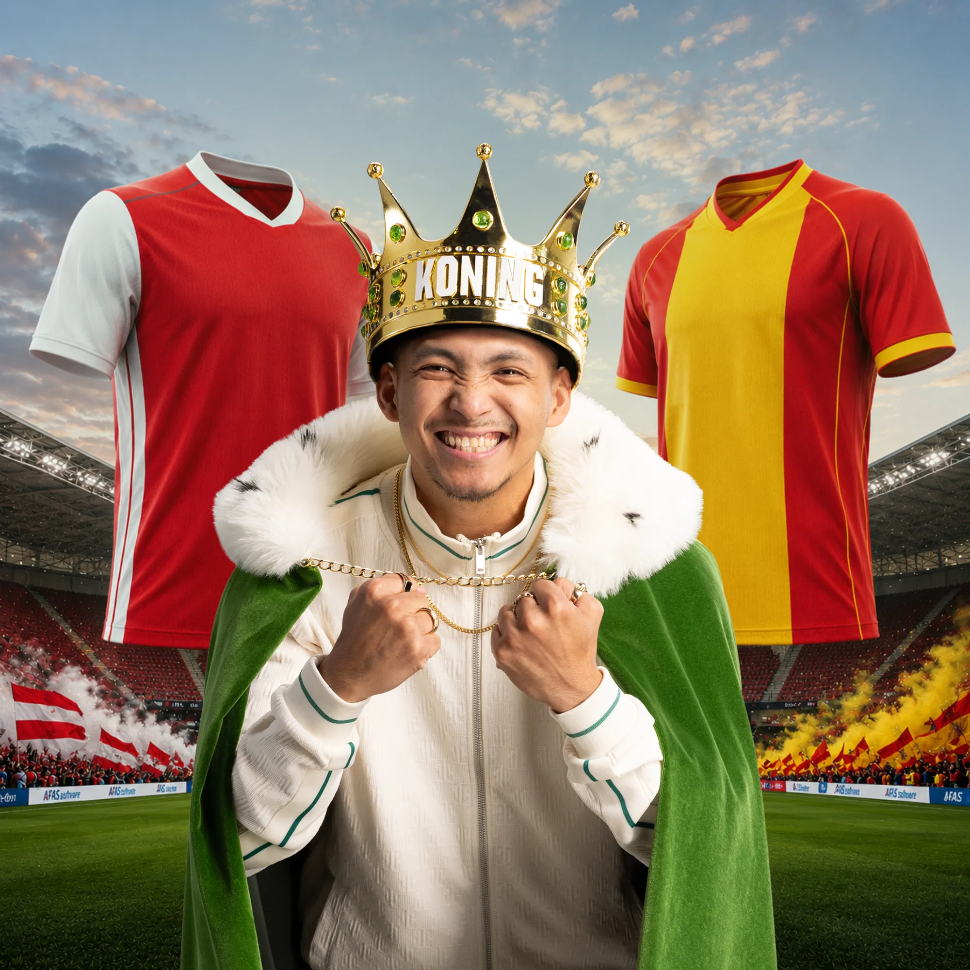 Man met koningskroon en cape in stadion met rode en geel-rode voetbalshirts