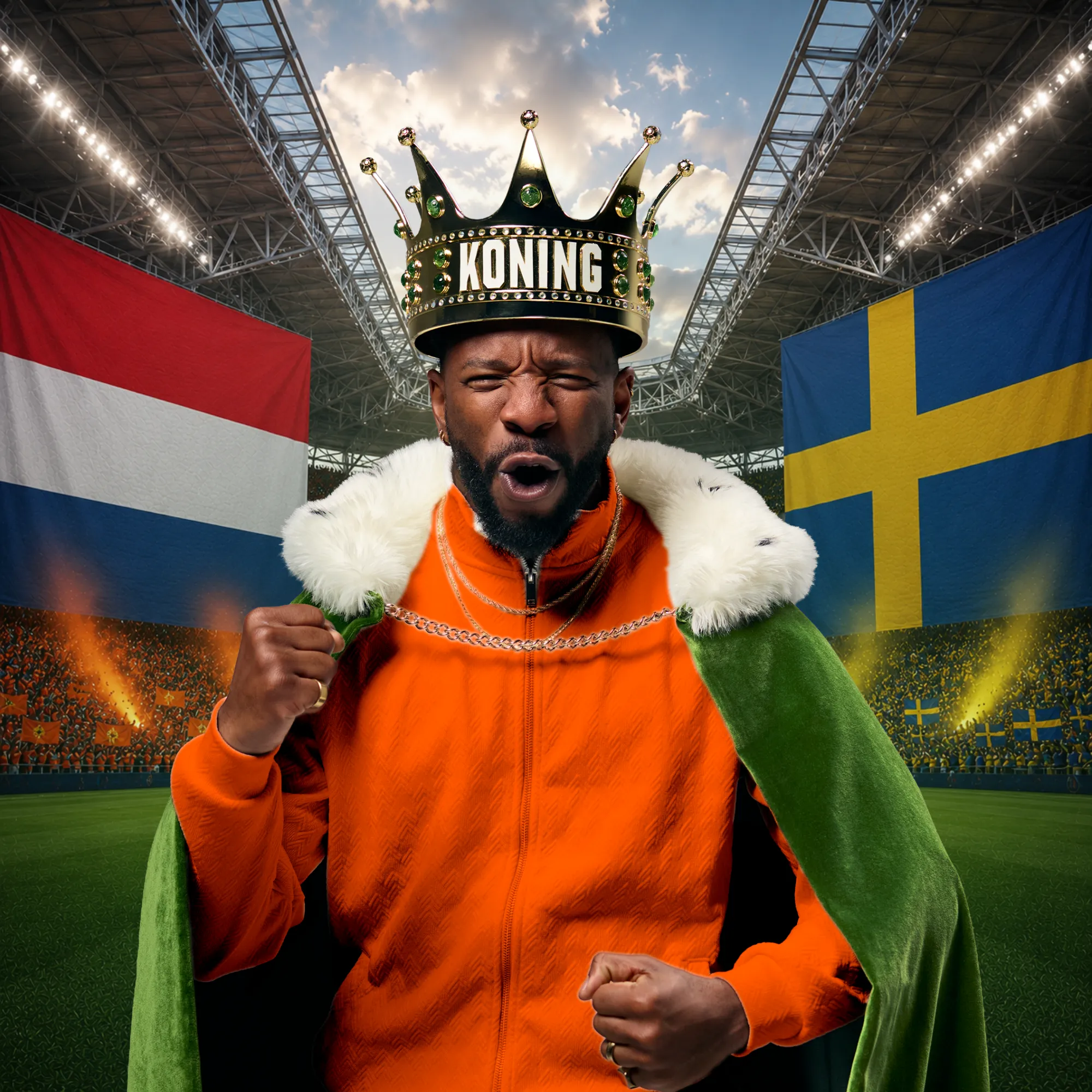 Sportstadion met persoon in oranje kleding en koningskroon 'KONING', Nederlandse en Zweedse vlag