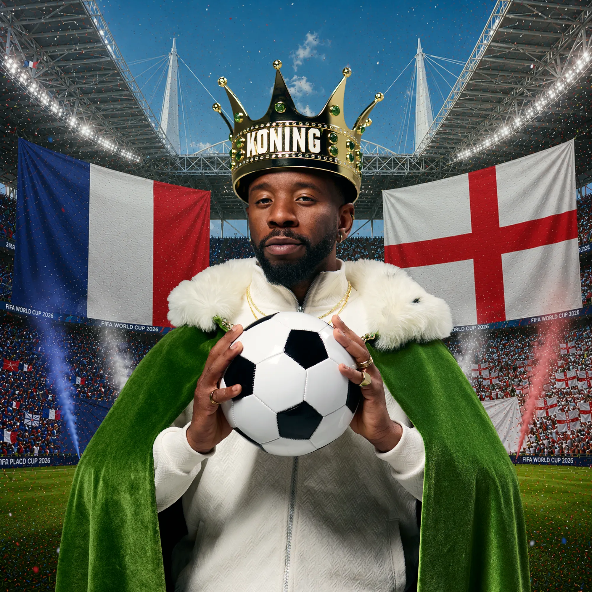 Man met kroon KONING en groene mantel houdt een voetbal vast in stadion met Franse en Engelse vlag