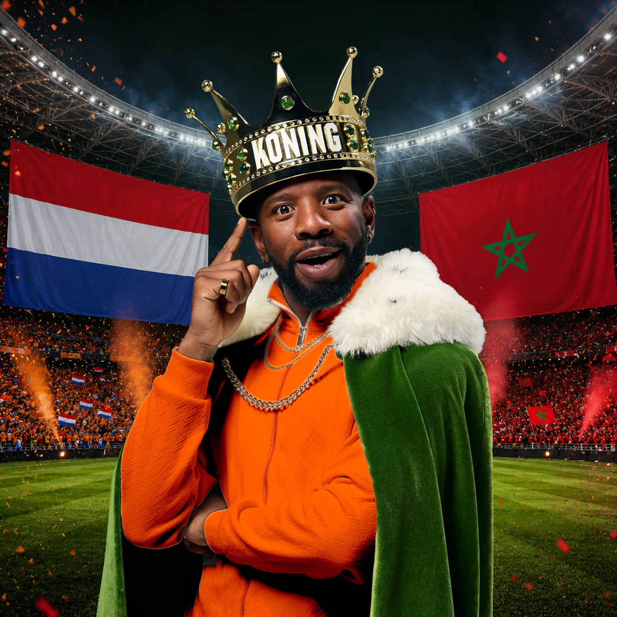 Man met kroon en oranje kleding in stadion met Nederlands en Marokkaans vlag