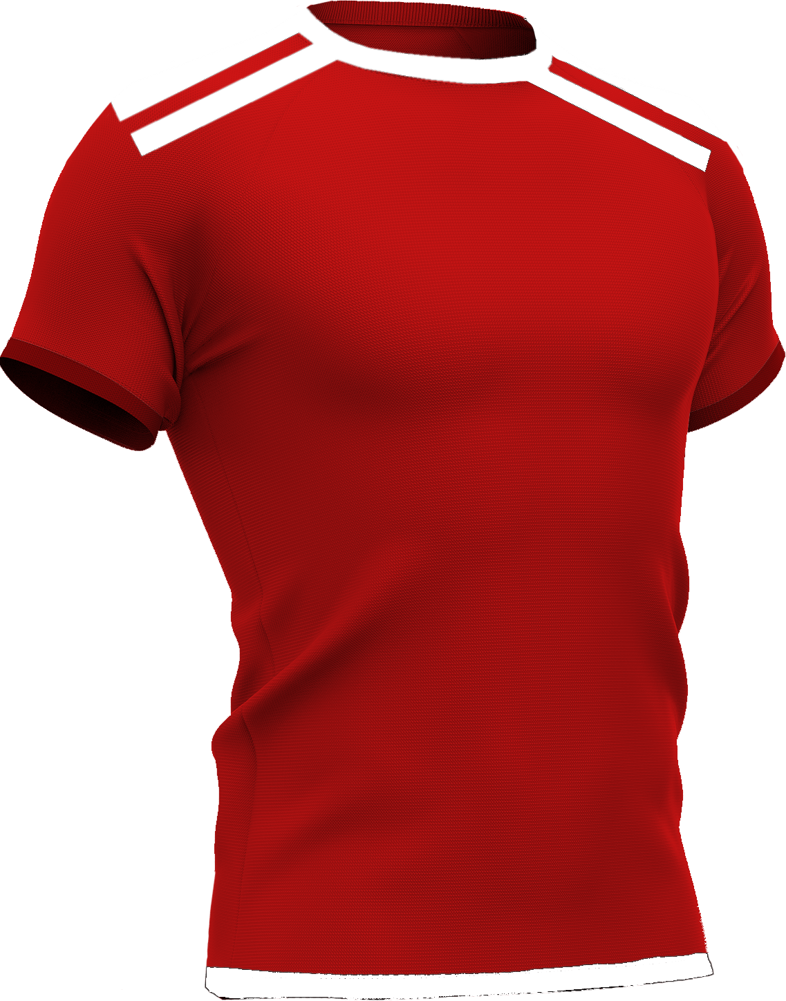 Rood voetbalshirt met witte accenten op schouders, kraag en onderzijde, geïnspireerd op Benfica
