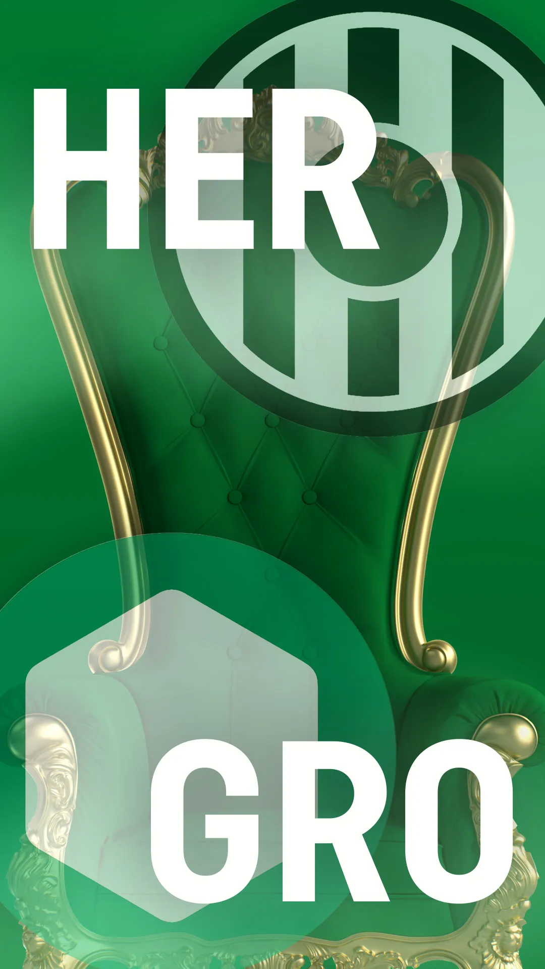 Groene luxueuze troonstoel met gouden accenten en witte tekst HER GRO