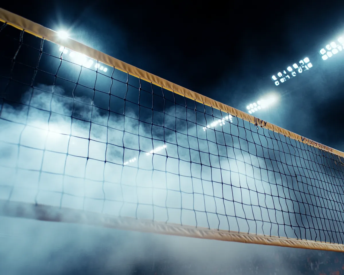 Een close-up van een volleybalnet in een stadion, omringd door mist en verlicht door felle schijnwerpers
