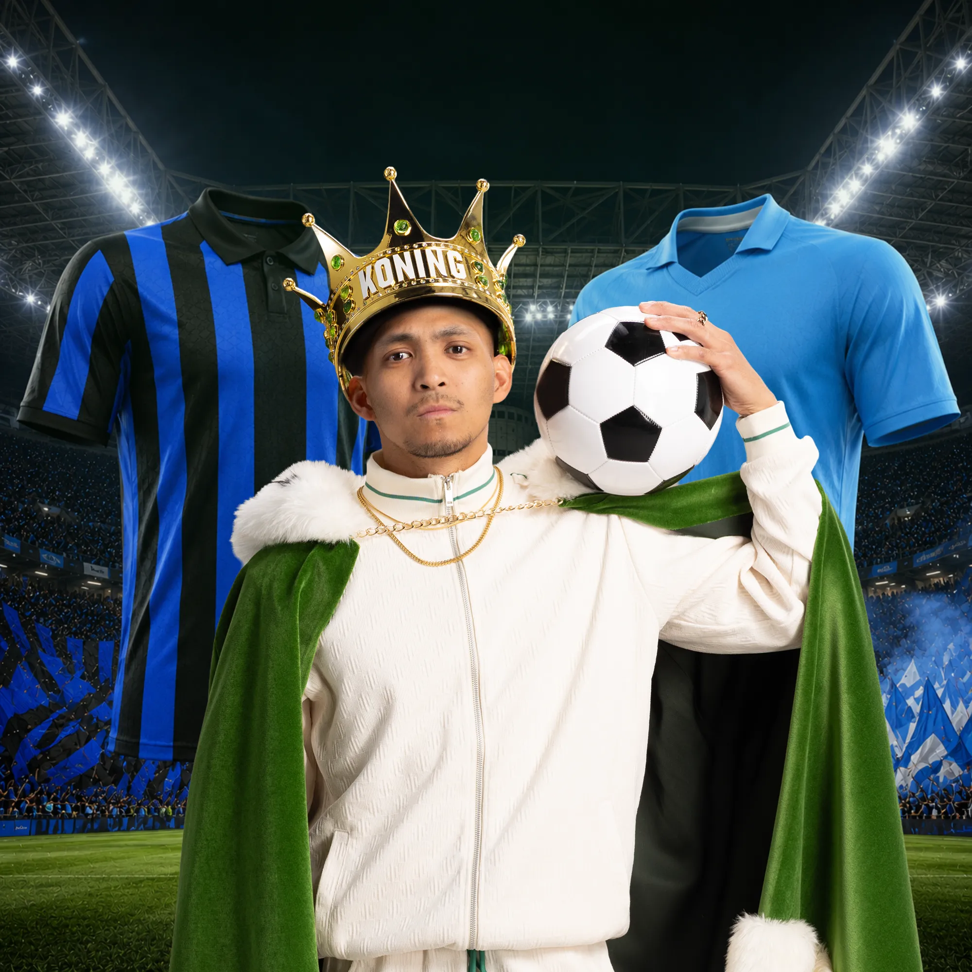 Man met koningkroon en voetbal in stadion tussen twee voetbalshirts