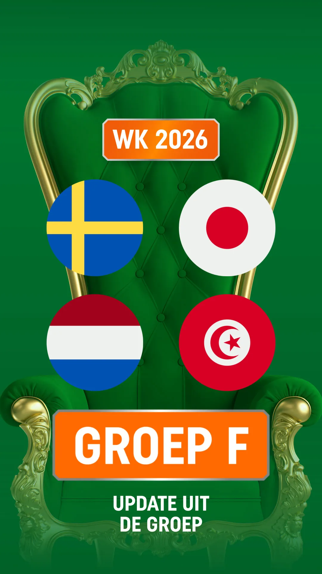 WK 2026 Groep F met vlaggen van Zweden, Japan, Nederland en Tunesië