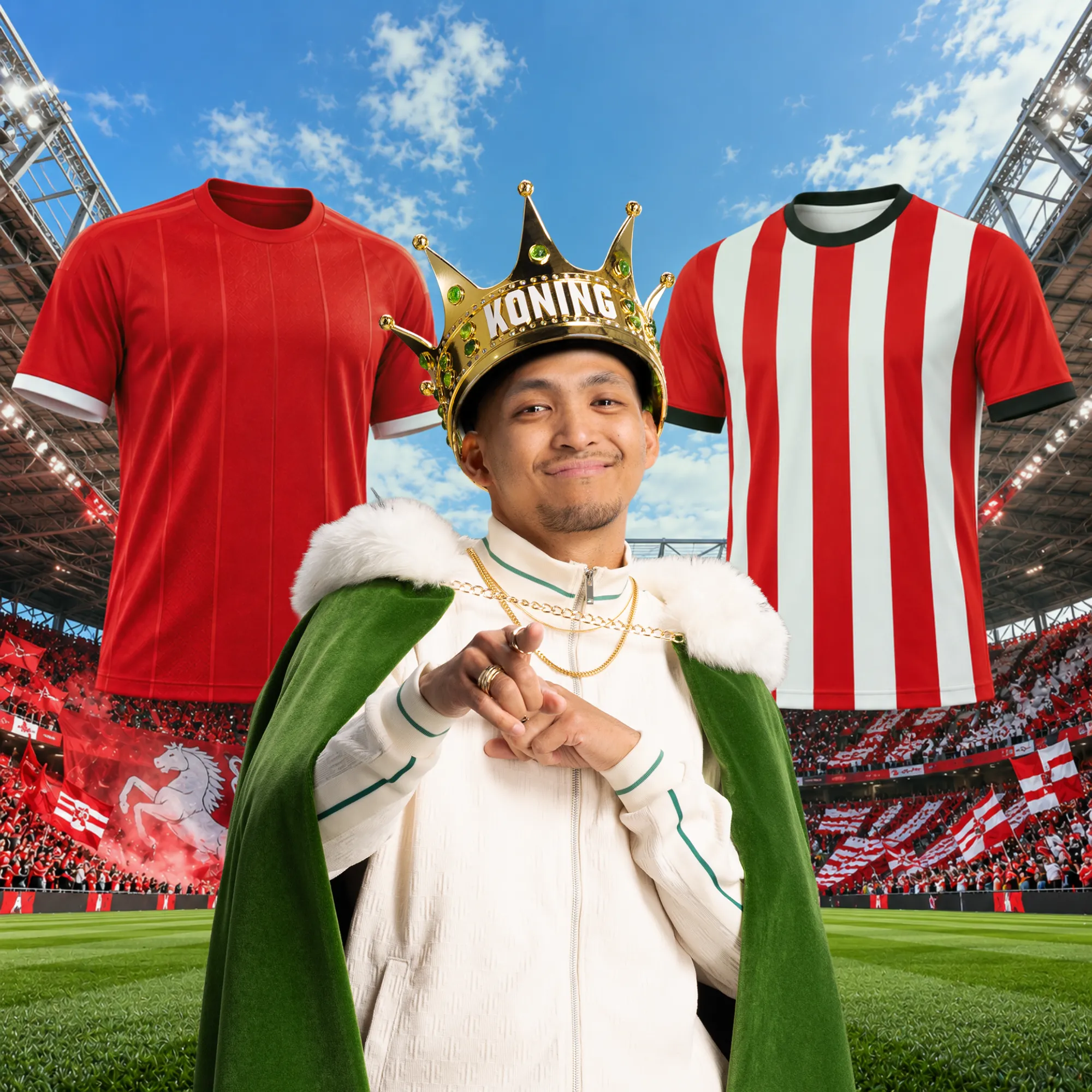 Man met koningkroon en groene mantel tussen twee rode voetbalshirts in stadion