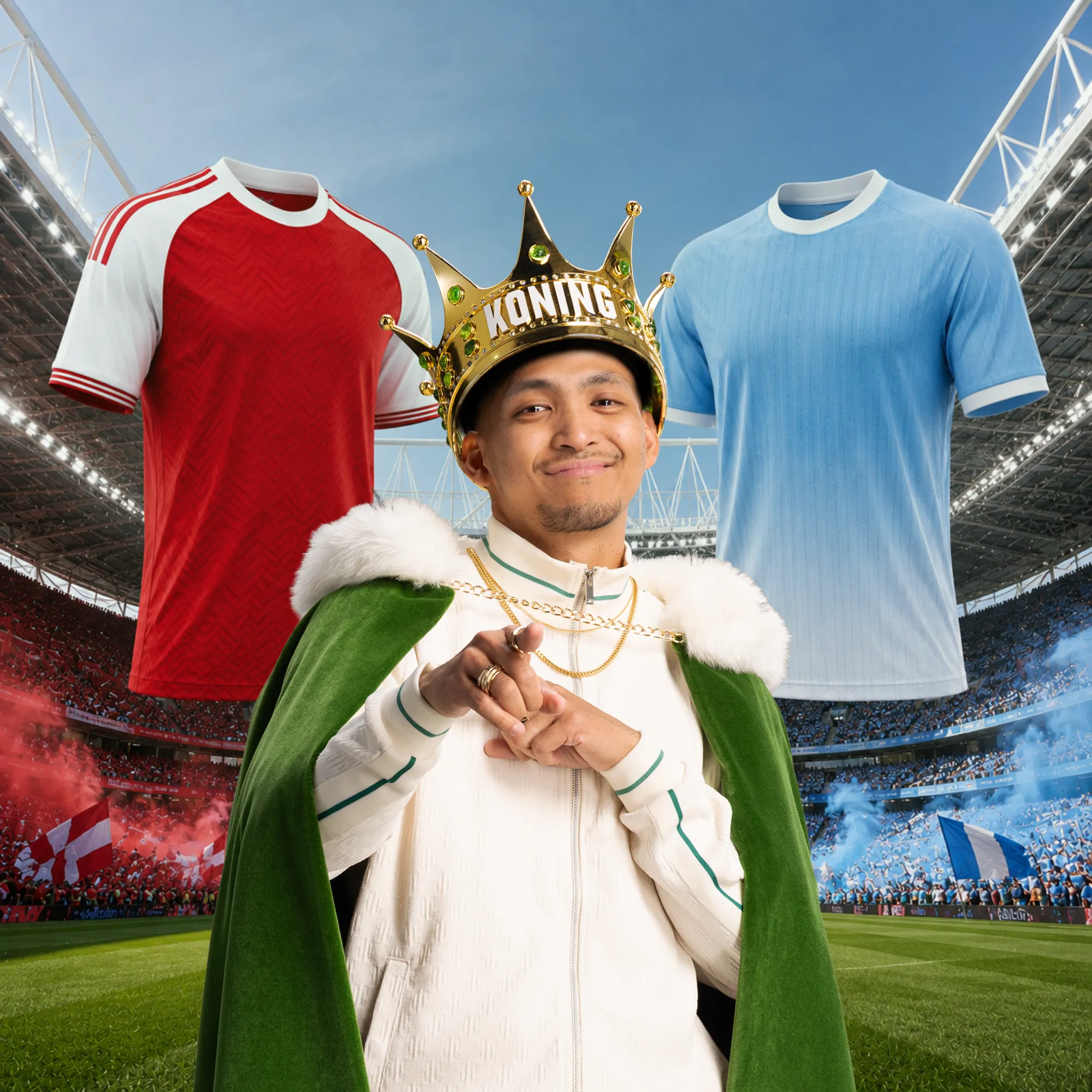 Man met koningskroon en cape in stadion met rood en blauw voetbalshirt
