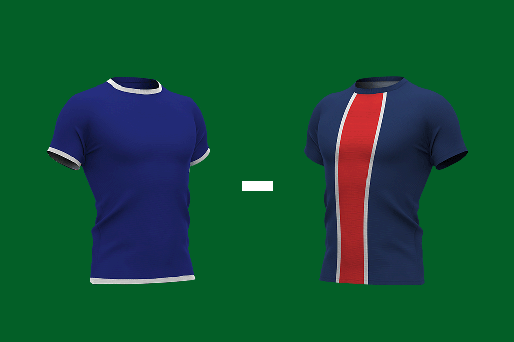 Twee verschillende sportshirts, één blauw met witte rand van Chelsea en één blauw met een rode en witte streep van PSG.