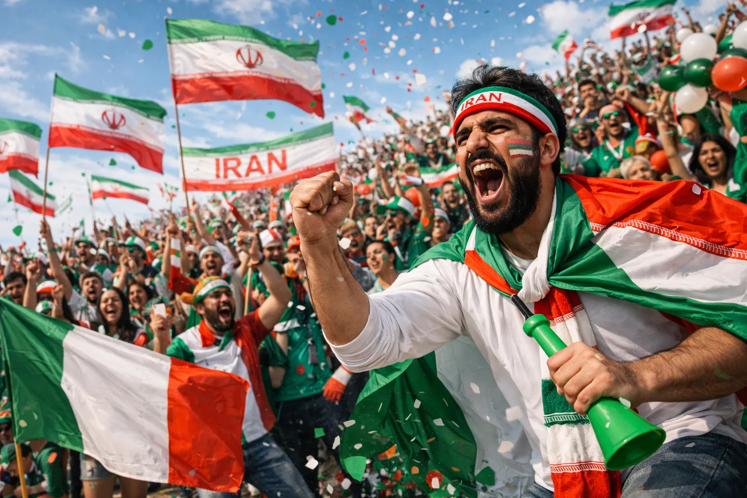 Vrolijke Iraanse fans met vlaggen en toeters tijdens een sportevenement