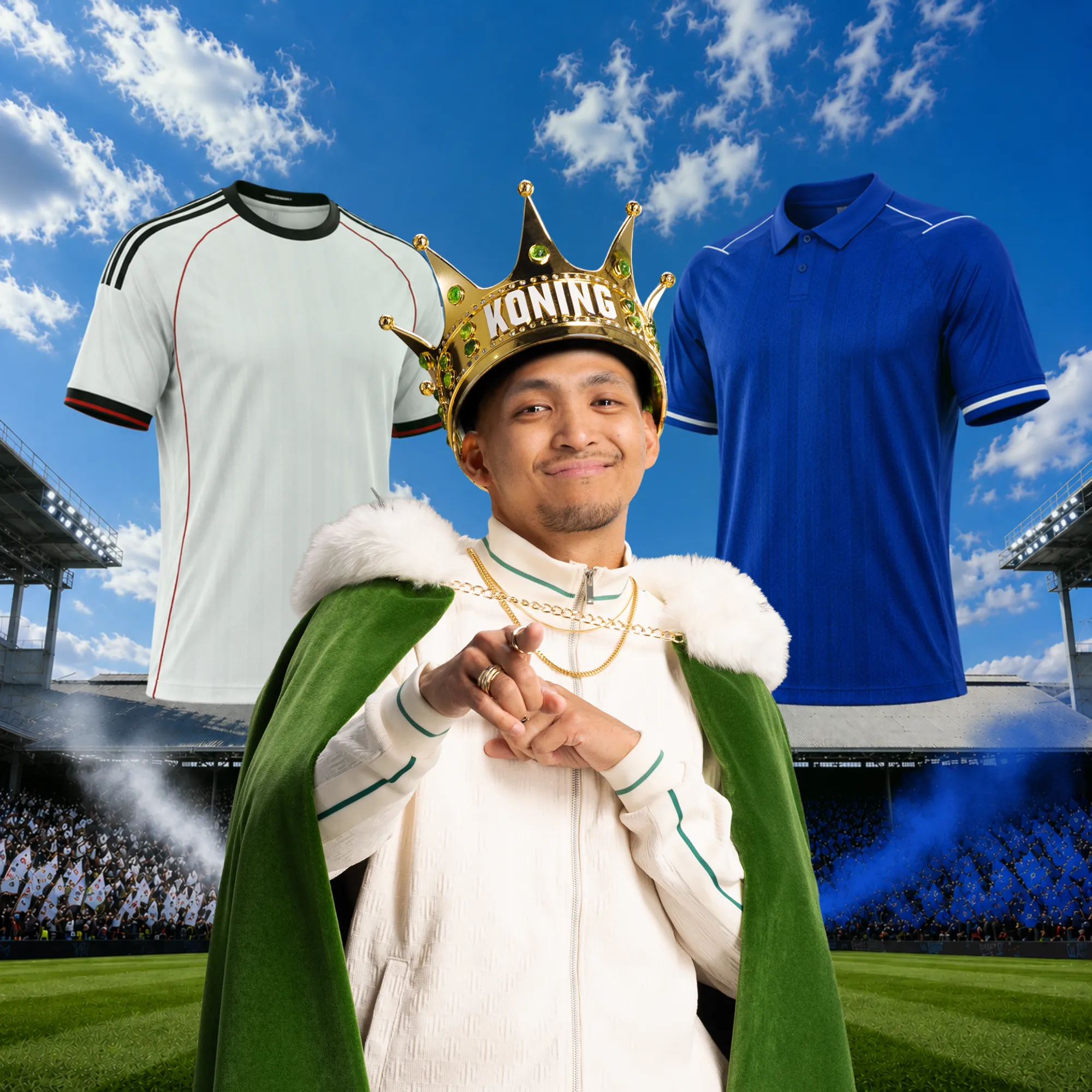 Man met koningskroon en groen witte mantel wijst naar voren met voetbalshirts op achtergrond