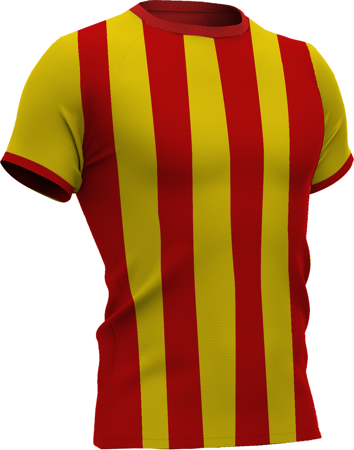 Voetbalshirt met verticale rode en gele strepen, geïnspireerd op het thuisshirt van RC Lens