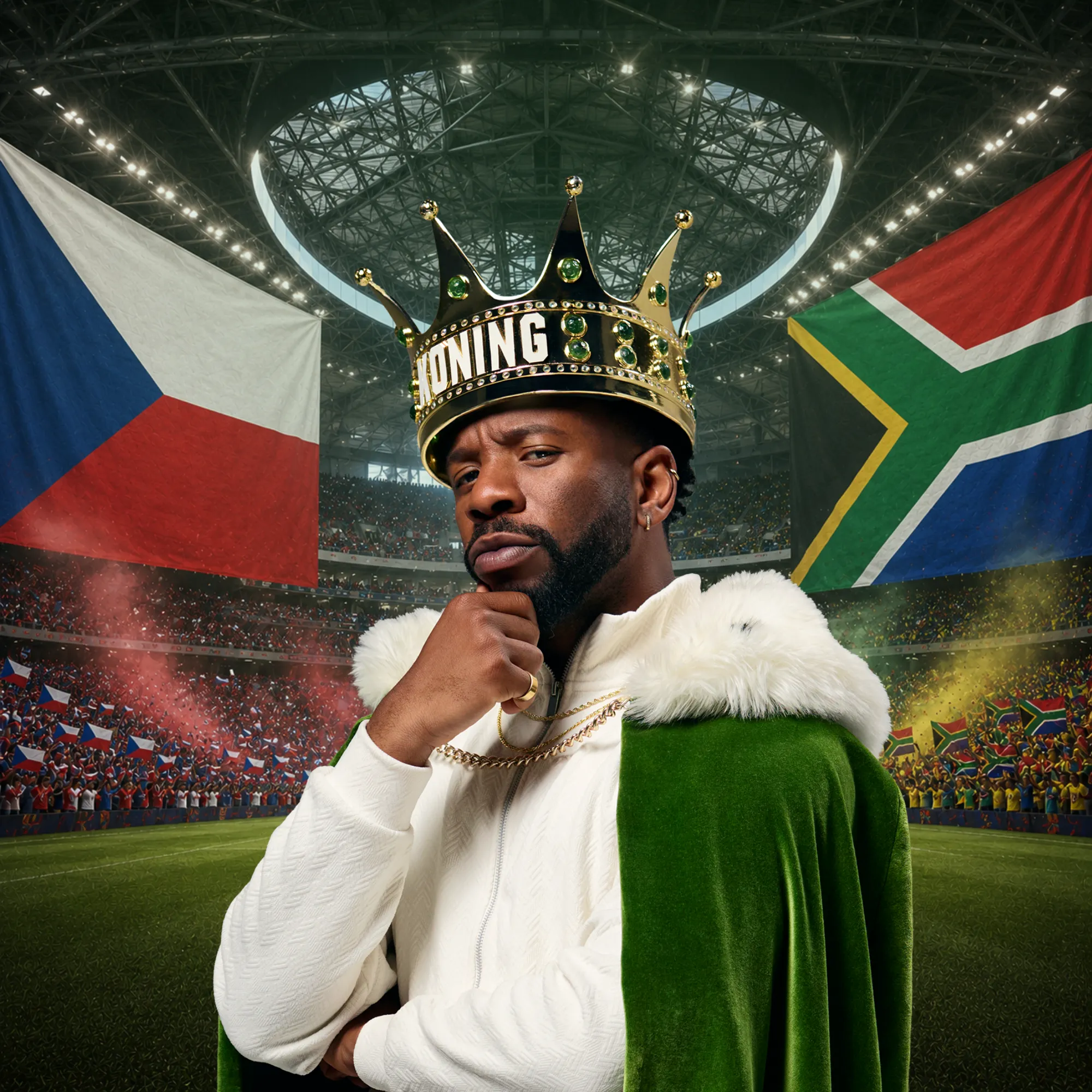 Persoon met koningskroon en mantel in stadion met vlaggen van Tsjechië en Zuid-Afrika