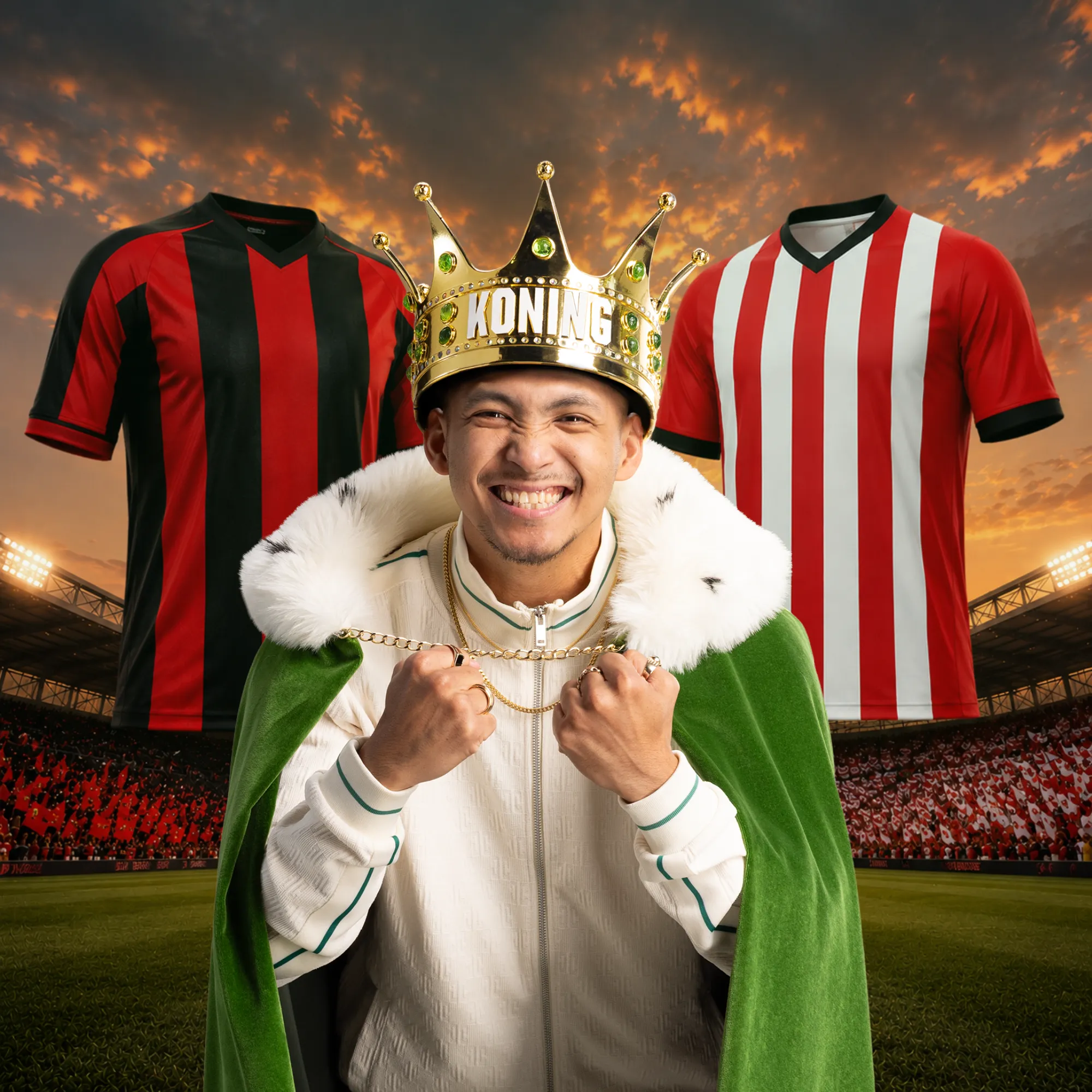 Man met kroon en cape tussen twee voetbalshirts in een stadion bij zonsondergang