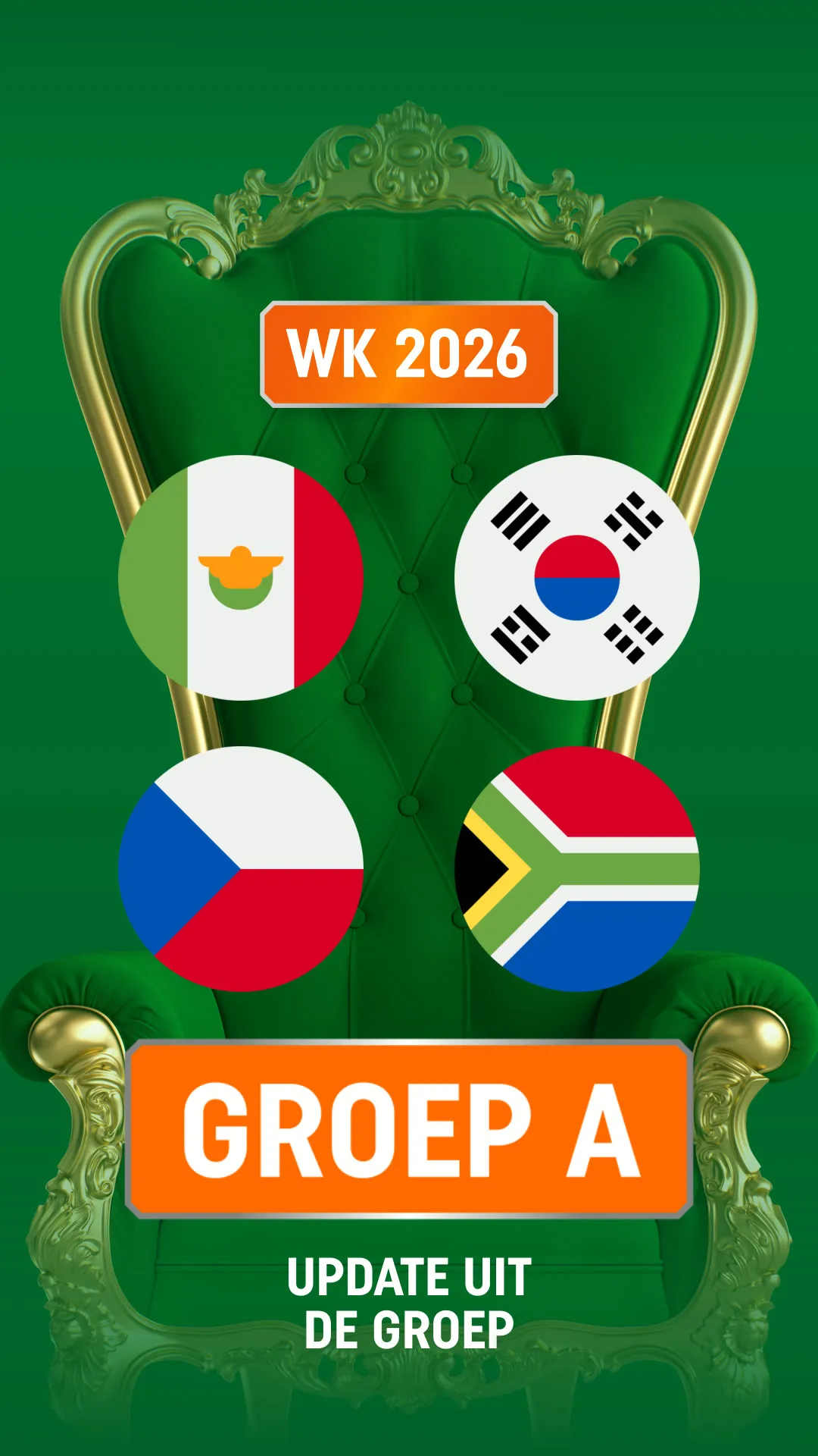 Groep A WK 2026 met vlaggen van Mexico, Zuid-Korea, Tsjechië en Zuid-Afrika