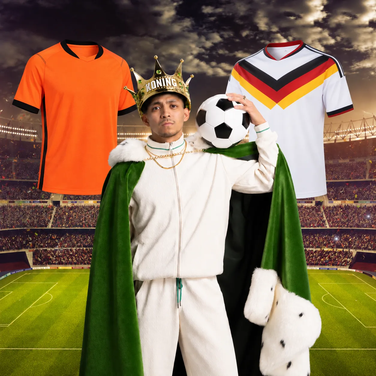 Man met kroon en groene cape houdt voetbal vast tussen oranje en wit-zwart-rood-geel voetbalshirts in stadion