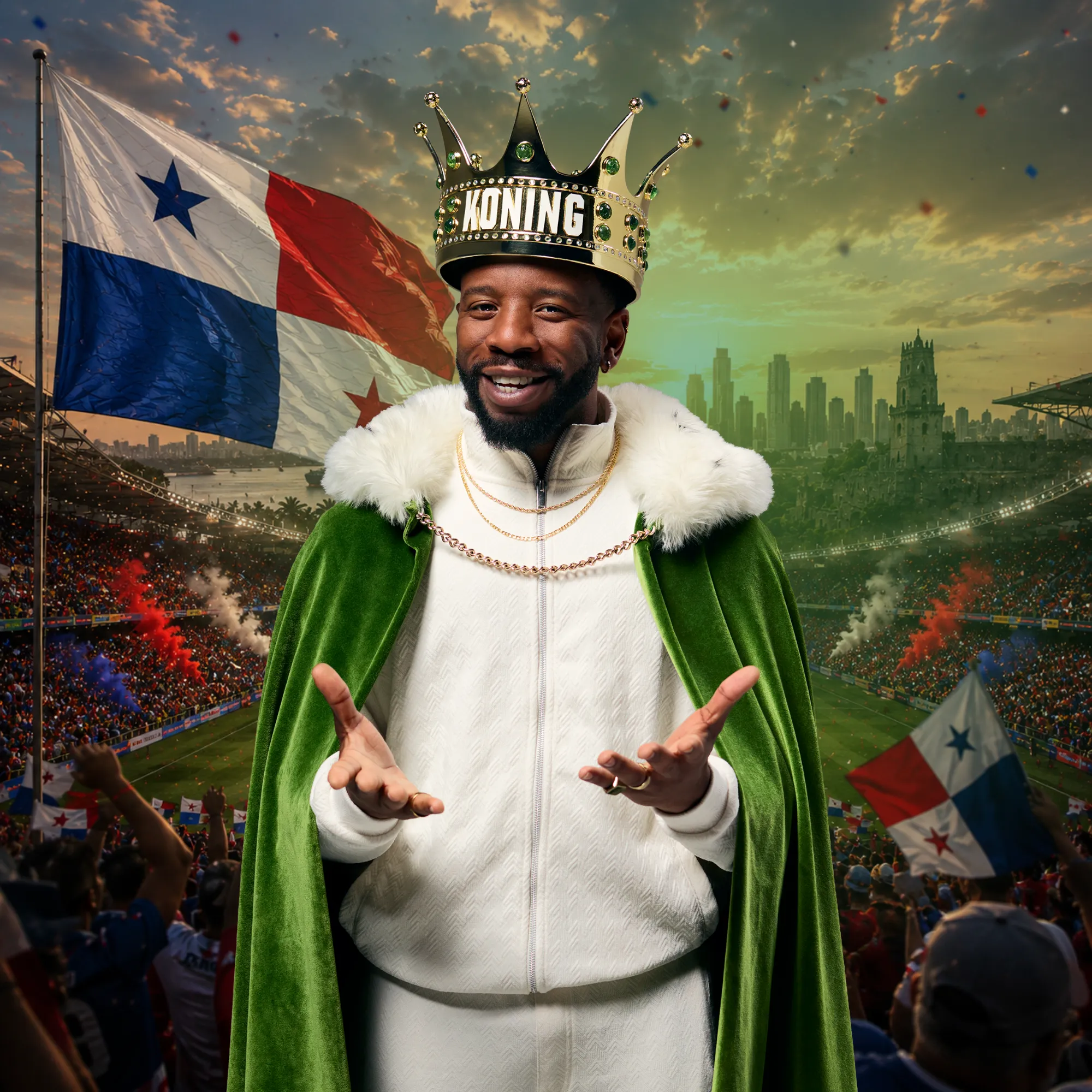 Man met groene koningsmantel en kroon met tekst KONING op stadion vol toeschouwers en Panamese vlaggen