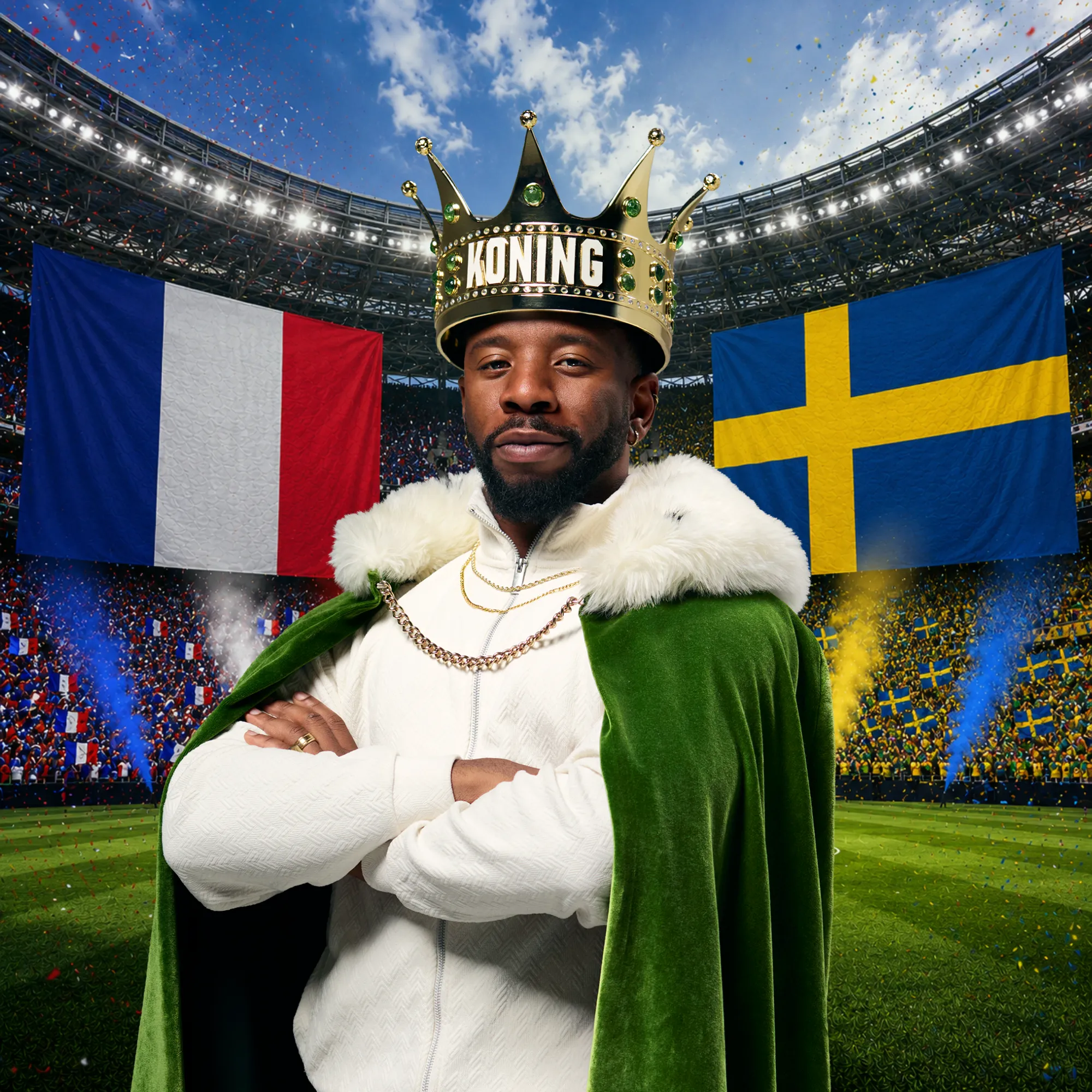 Man met kroon en groene mantel in stadion tussen Franse en Zweedse vlaggen