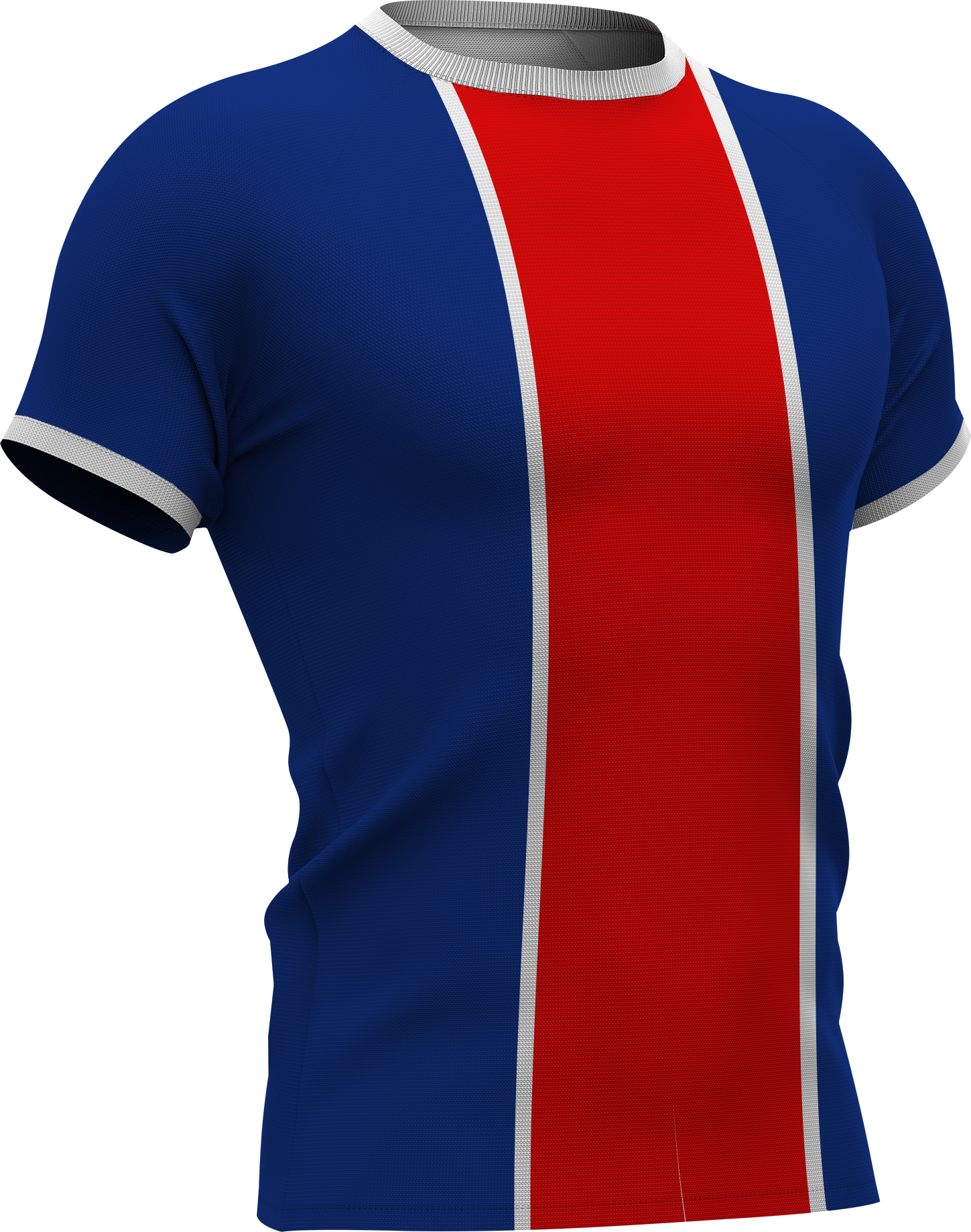 Blauw sportshirt met rode en witte verticale strepen.