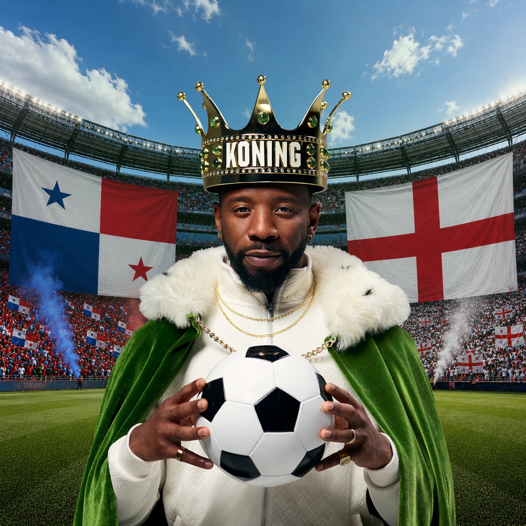 Voetbal koning met kroon en bal op stadionveld