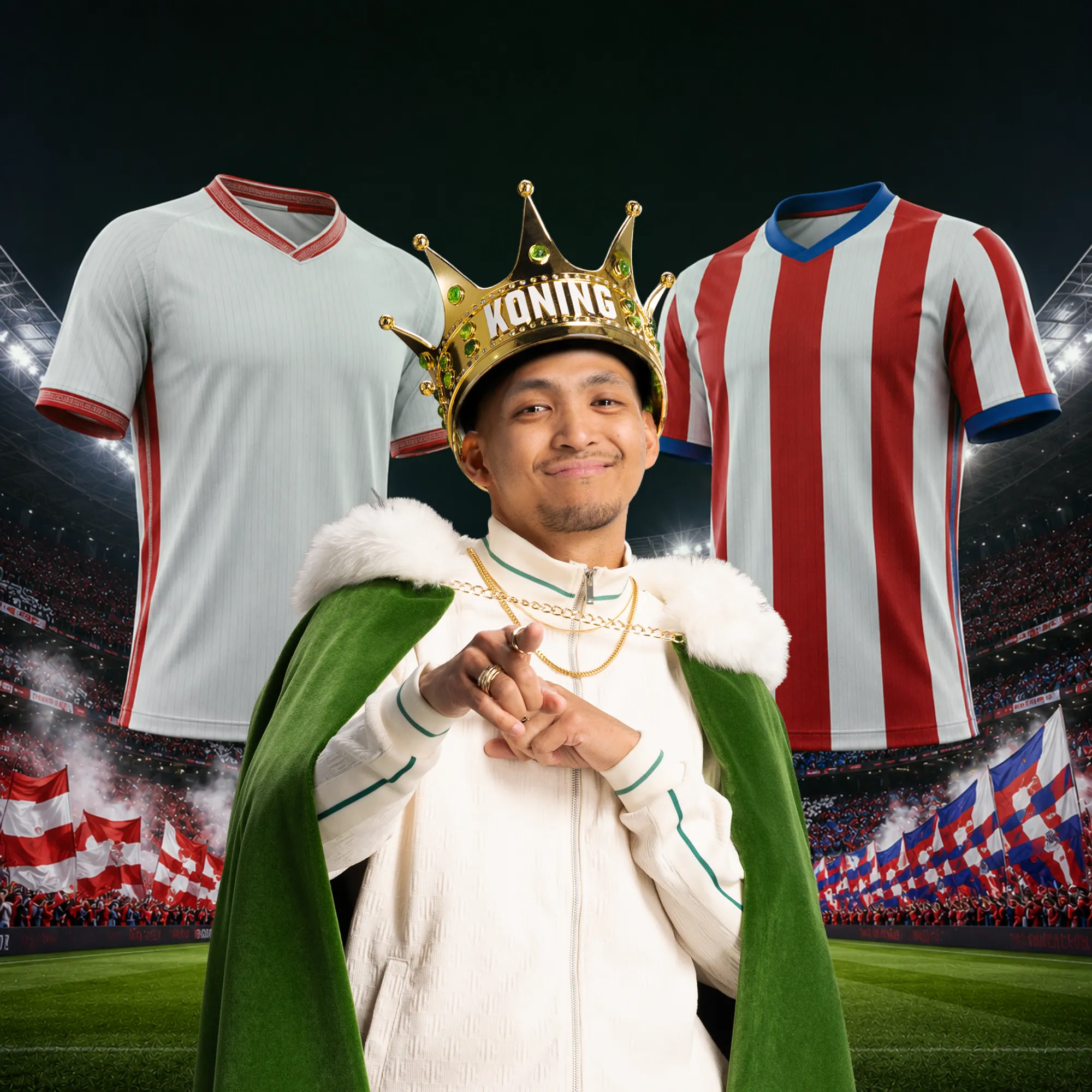 Man met kroon en cape tussen twee voetbalshirts in een stadion vol supporters