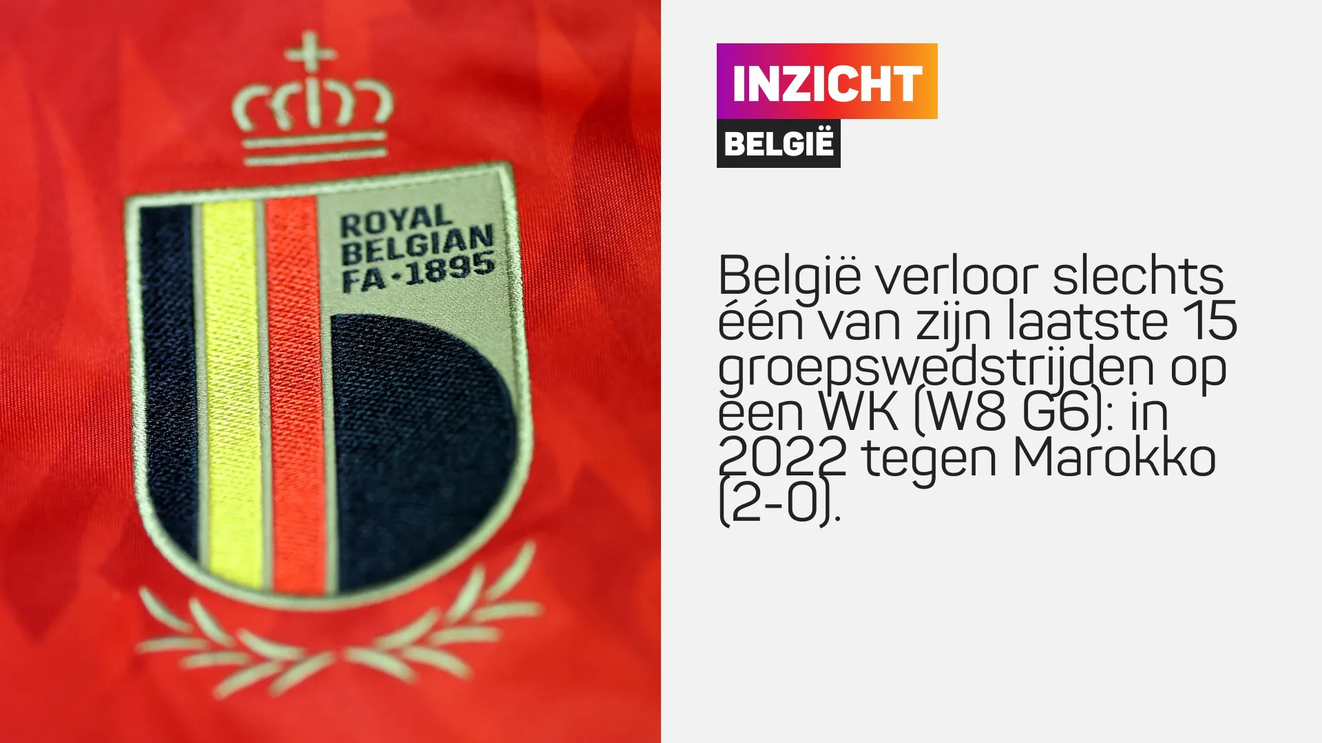 Logo van Royal Belgian FA op rood shirt met tekst over Belgische WK groepswedstrijden