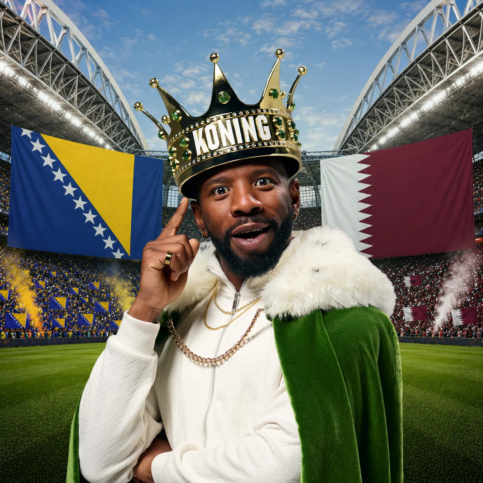 Man met kroon KONING en groene mantel in stadion met vlaggen van Bosnië en Herzegovina en Qatar