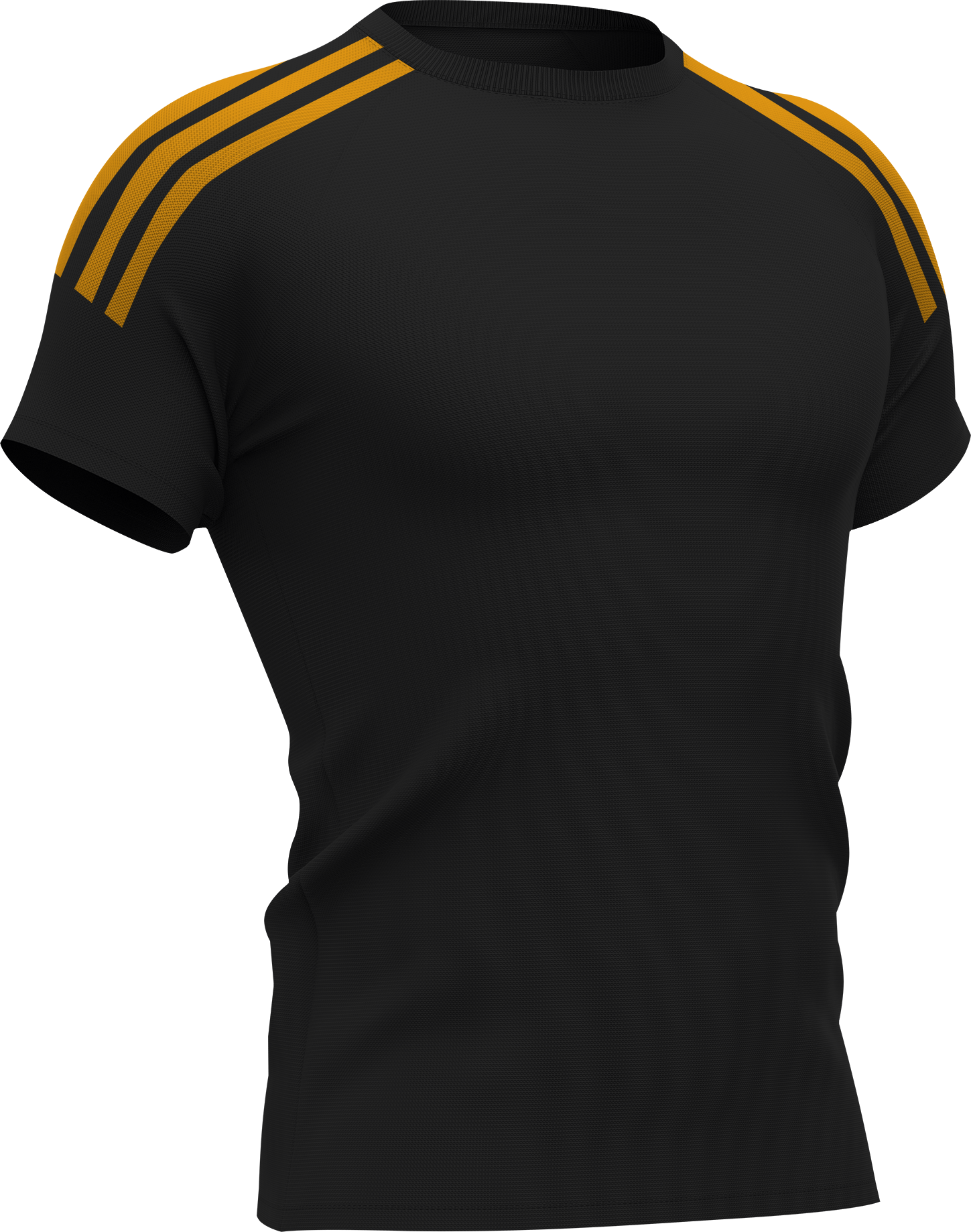 Zwart T-shirt met oranje strepen op de schouders.