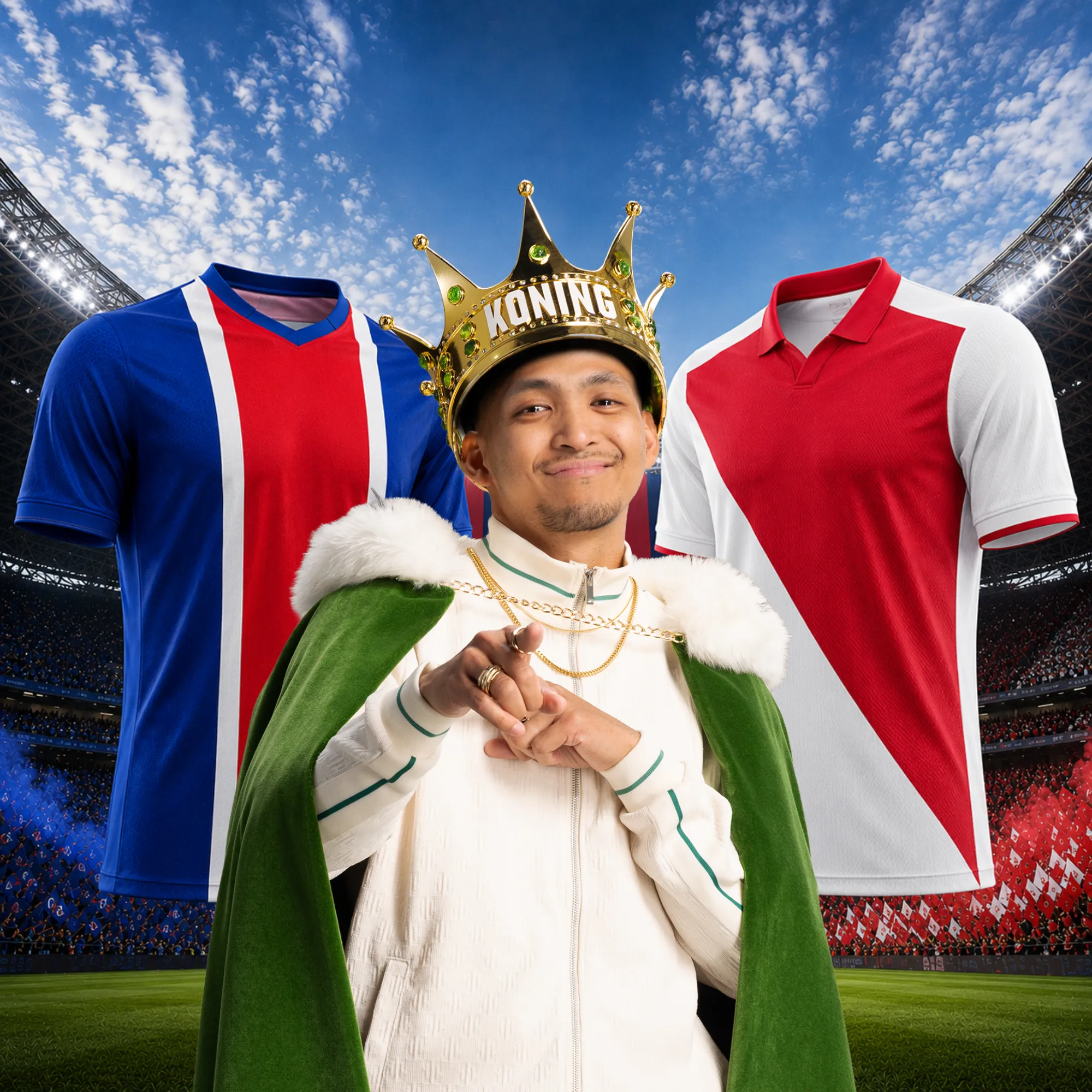Man met koning kroon en cape tussen twee voetbalshirts in een stadion