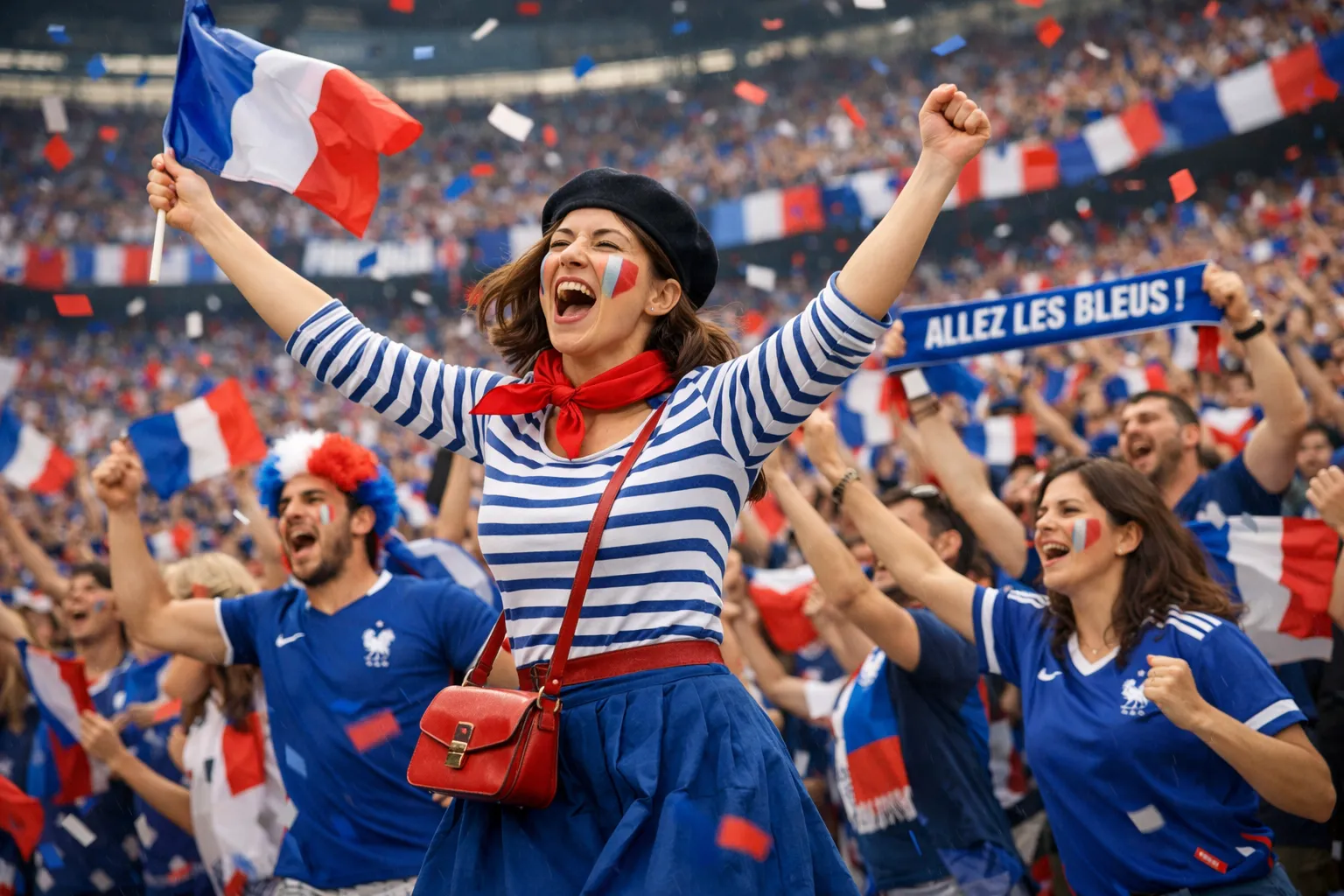 Vrouw juicht met Franse vlag in druk stadion vol supporters