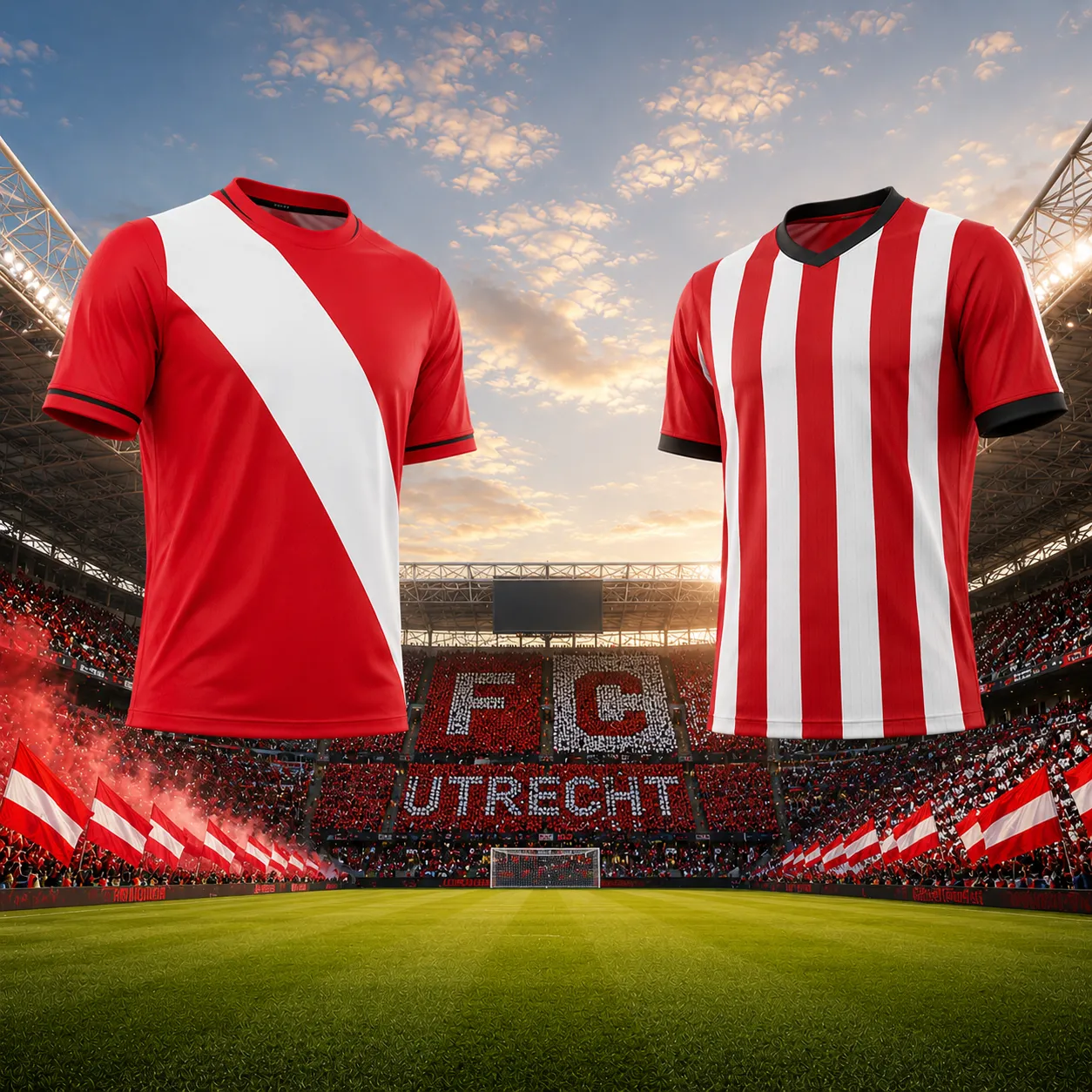 TOTO voetbalshirts van FC Utrecht met rood-witte designs in een vol stadion