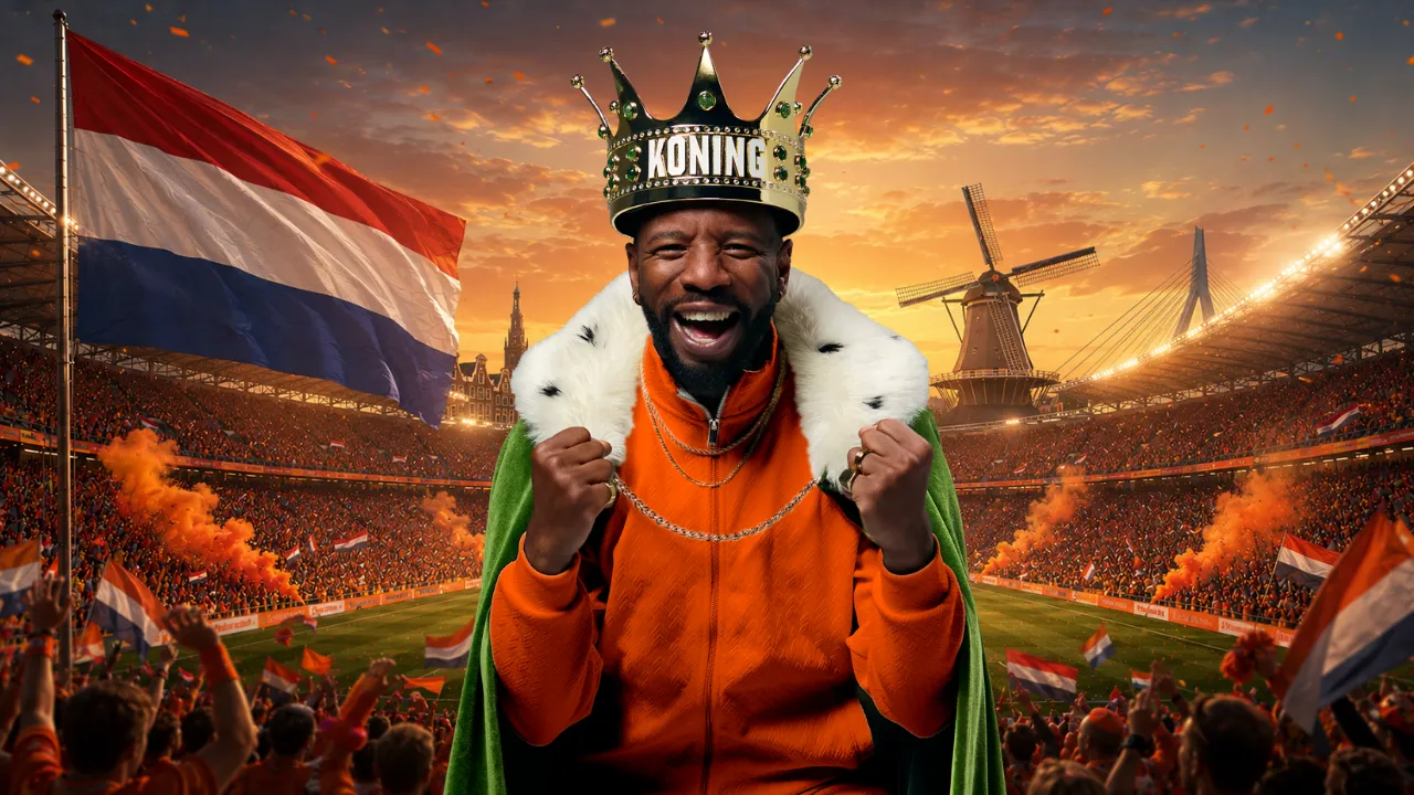 Man met kroon en koningsmantel op voetbalveld met Nederlandse vlaggen in stadionvolk