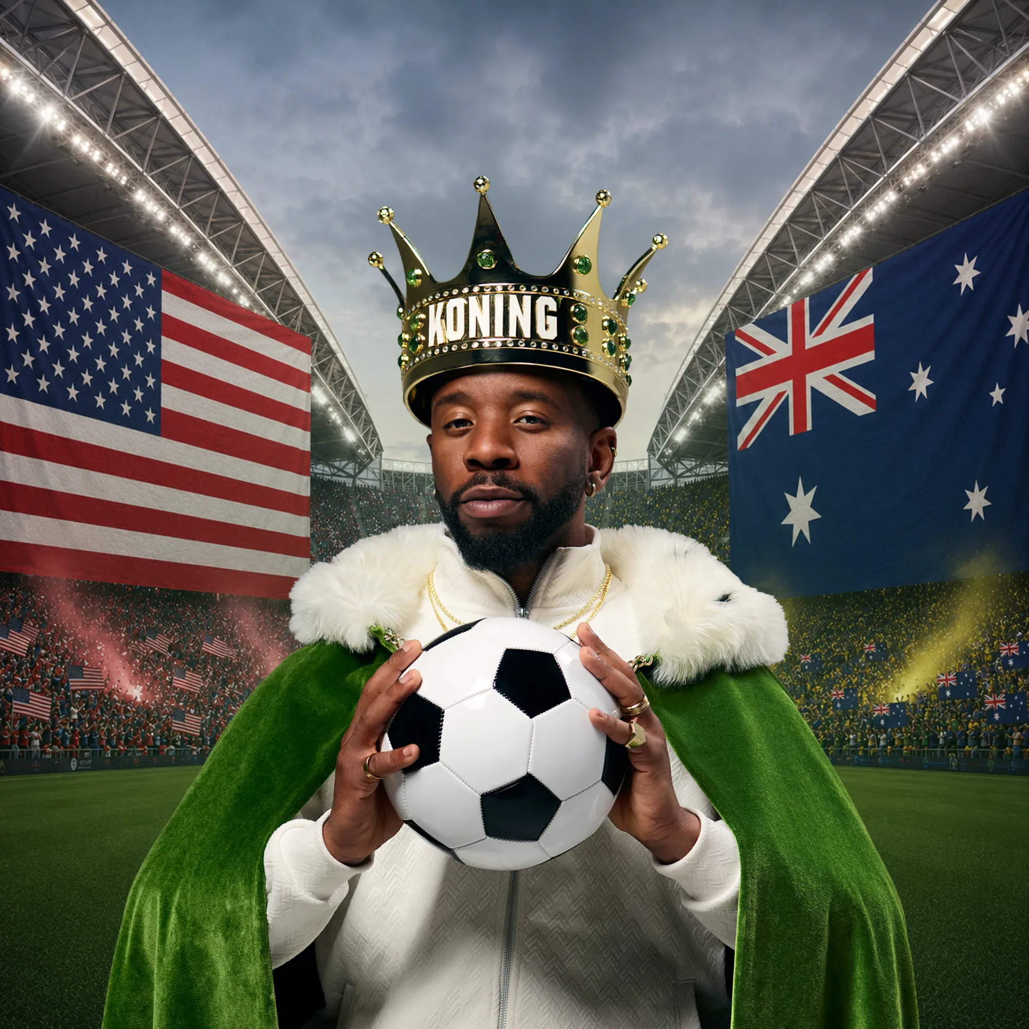 Persoon met kroon en groene mantel houdt een voetbal vast op een stadion met vlaggen van Amerika en Australië