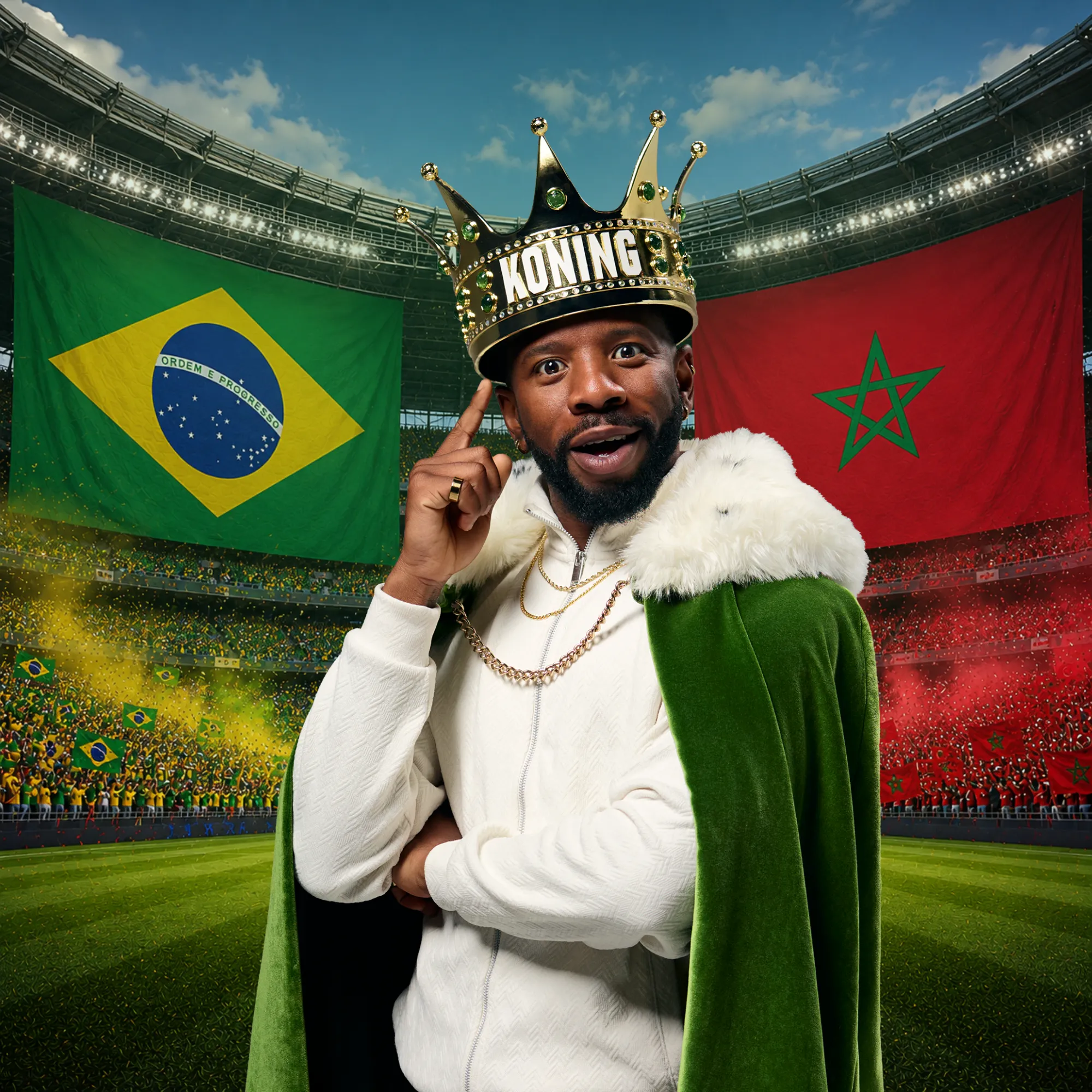 Man in stadion met kroon en groene mantel met vlaggen van Brazilië en Marokko
