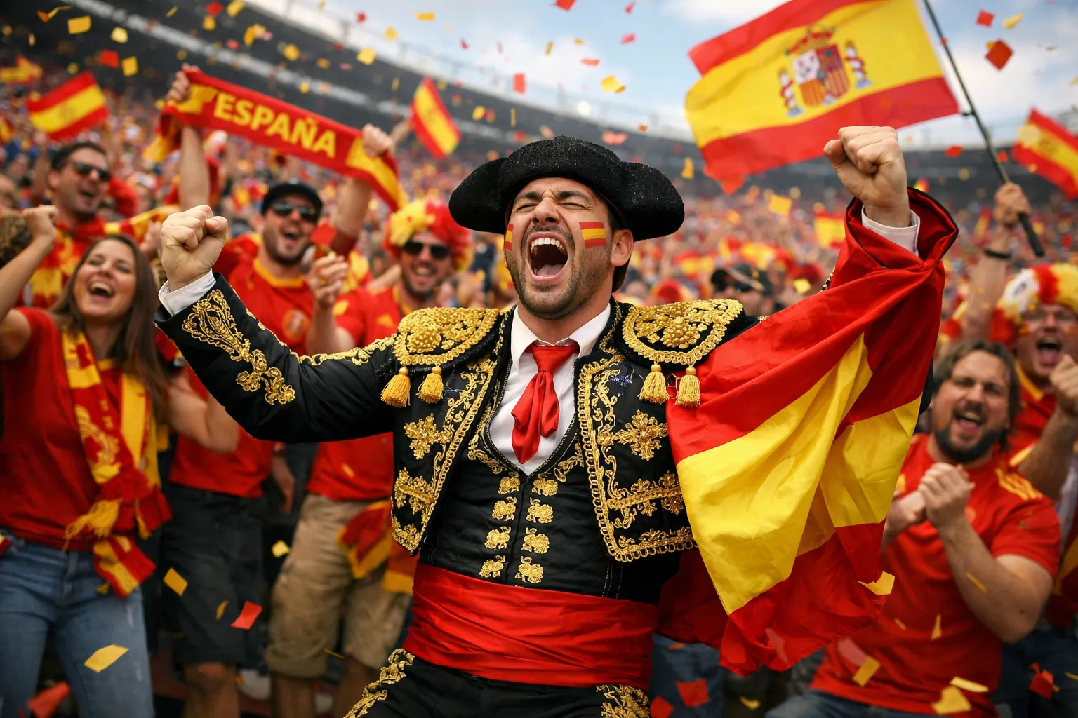Voetbalsupporter in traditioneel Spaans kostuum met Spaanse vlag in stadion vol juichende fans