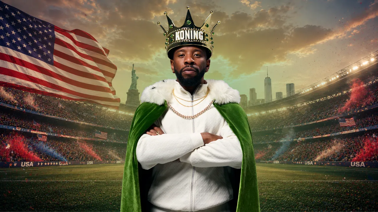 Man met koningkroon en groene mantel in een stadion met Amerikaanse vlag