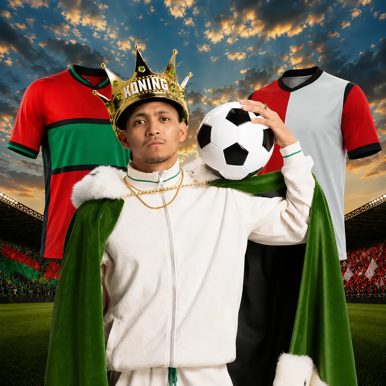 Man met gouden kroon KONING en voetbal, voetbalshirts en stadion op achtergrond
