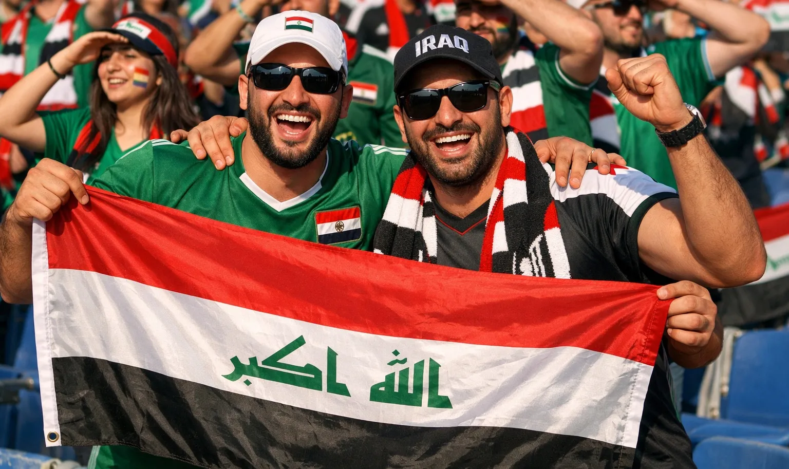 Supporters met Iraakse vlag en sporttenues juichen in het stadion