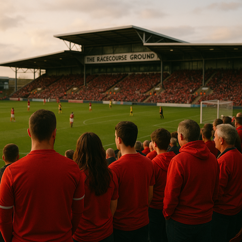 Supporters in rode shirts kijken naar een voetbalwedstrijd op een stadion met volle tribunes.